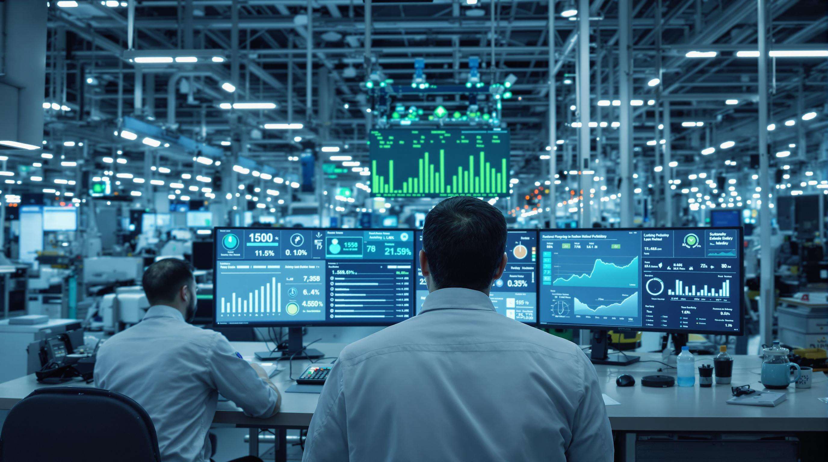 Engineers in an automotive factory analyzing digital dashboards that track energy and material usage, with automated machinery in the background
