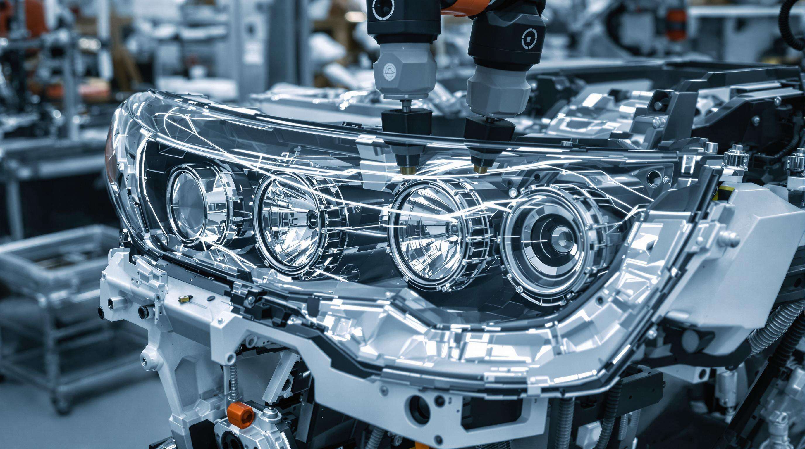 Robotic arms precisely assembling a car headlight unit, demonstrating advanced optical engineering for glare control