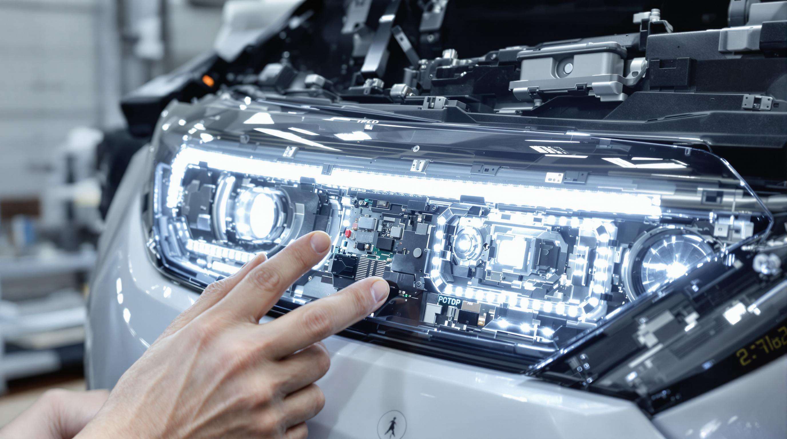 Technician fitting smart car lamp assembly with sensors and circuits in advanced R&D environment