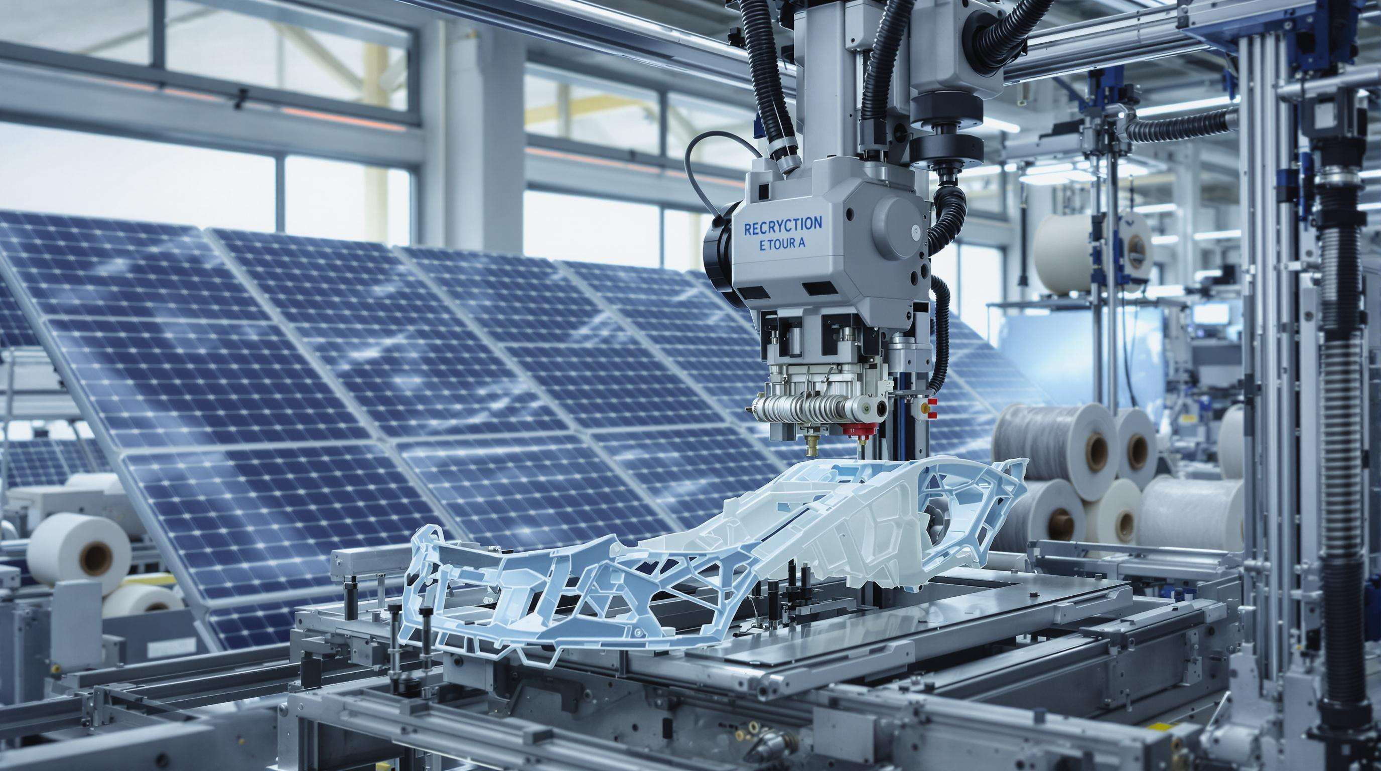 Robotic 3D printer producing an automotive part with recycled materials, solar panels and machinery in a sustainable manufacturing facility