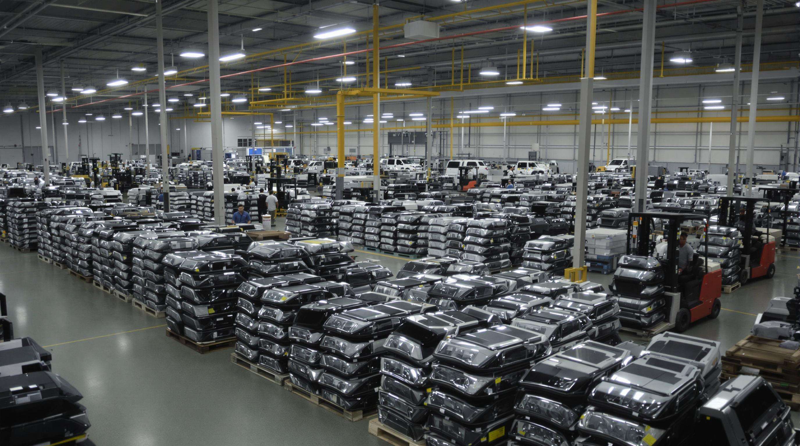 Photo of an automotive factory where bulk car lamp assemblies are processed and organized for shipment