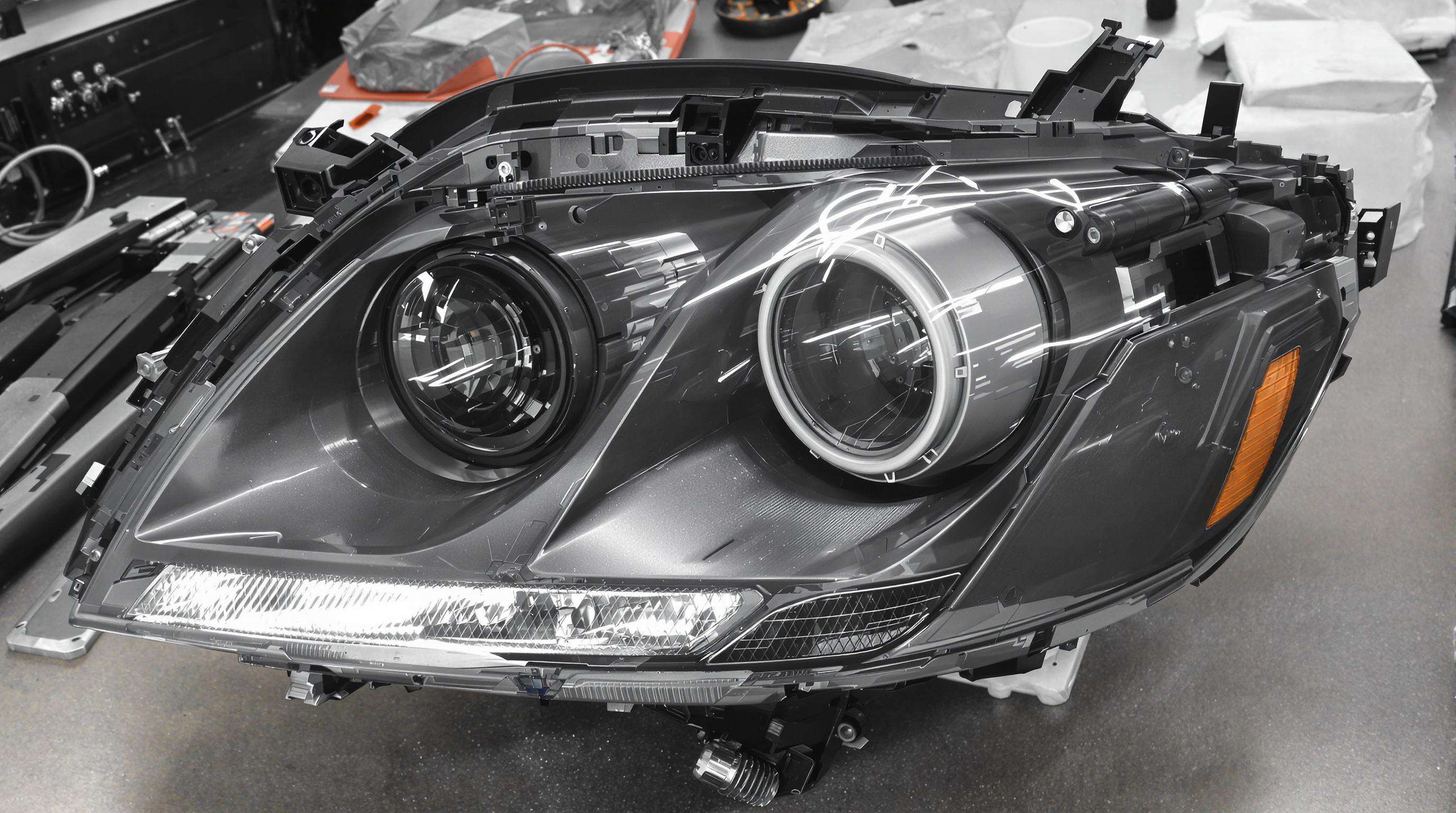 Disassembled car lamp assembly showing housing, lens, reflector, and LED component