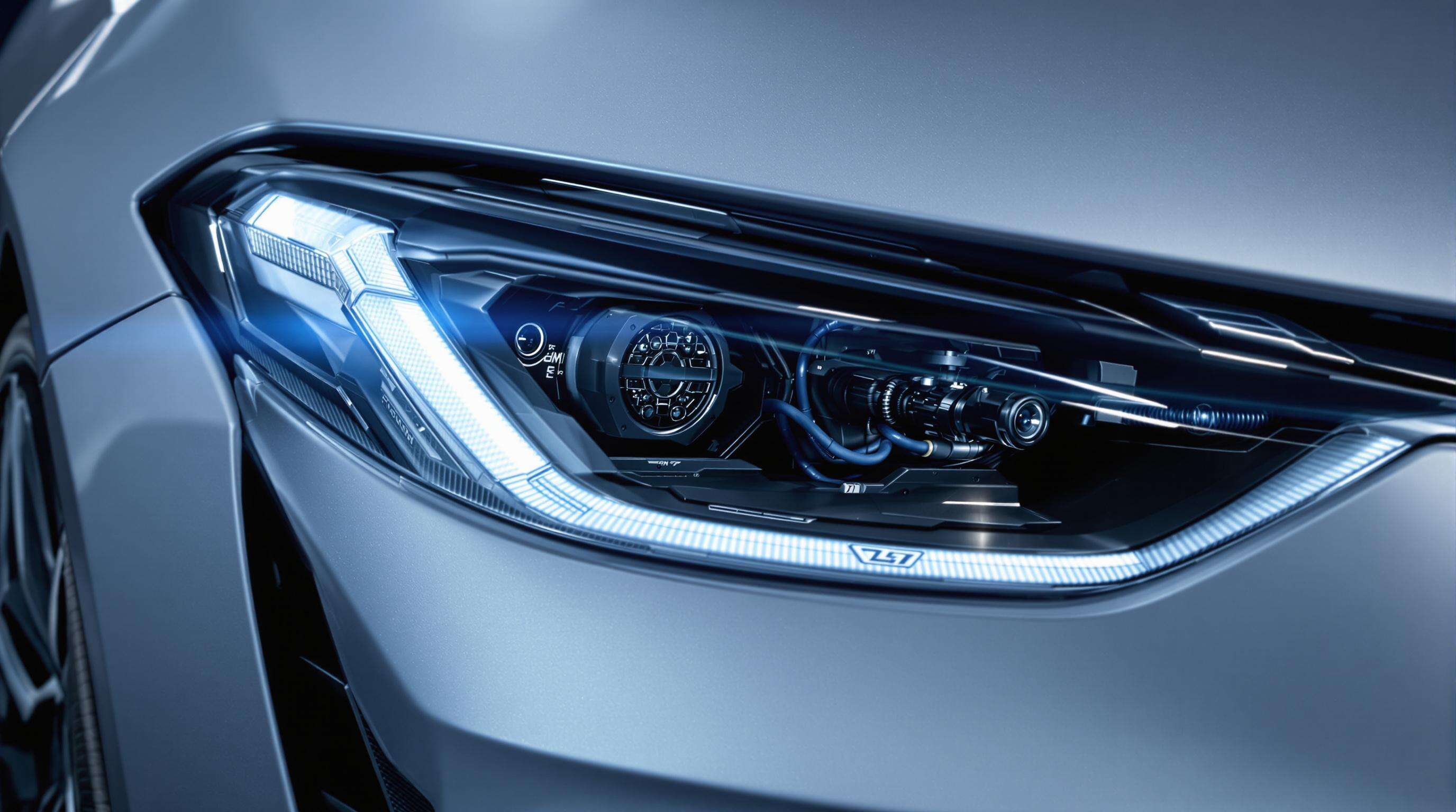 Futuristic car headlamp with integrated sensors, cameras, and wiring