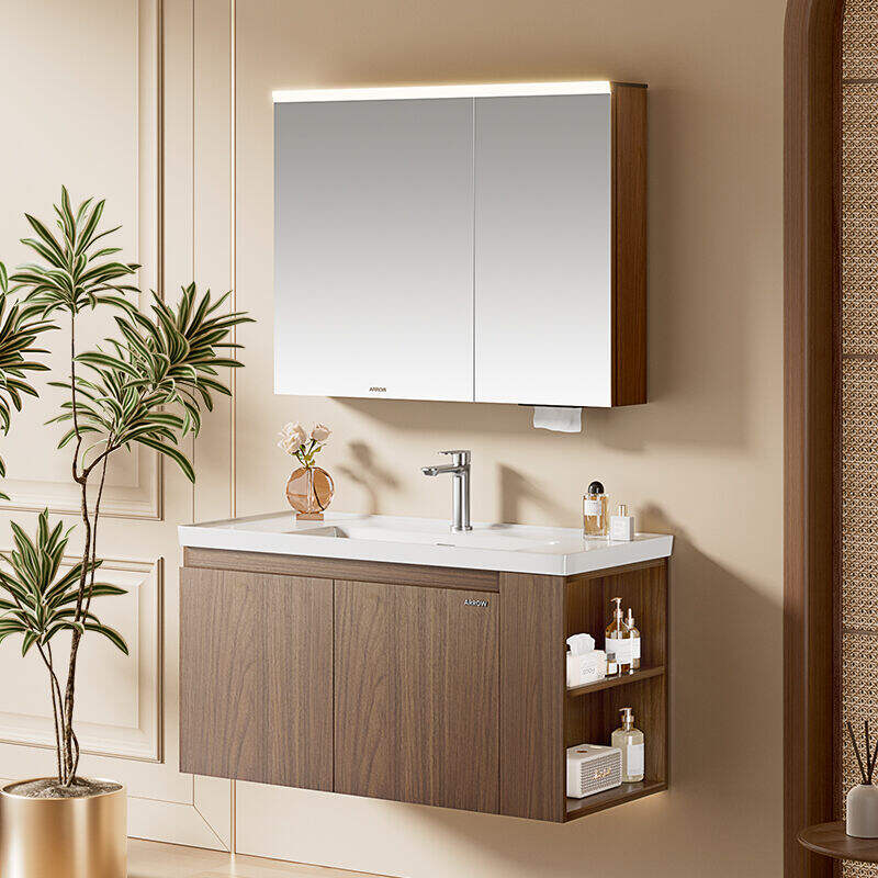 ARROW Bathroom Cabinet with Walnut Wood One-piece Ceramic Sink & LED Lighting