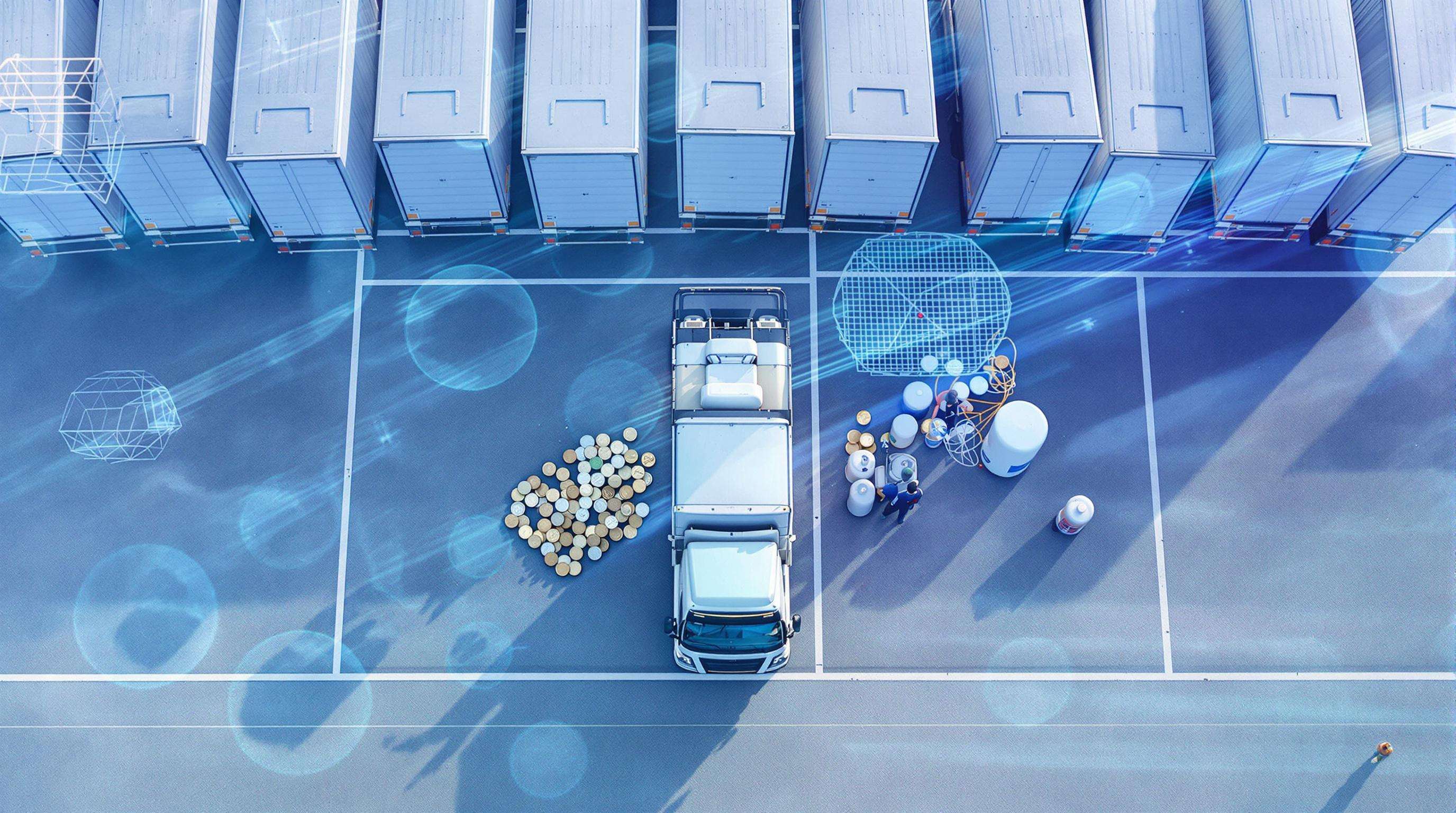 Aerial view of cargo trucks parked in a lot with symbolic icons of fuel and maintenance illustrating costs.