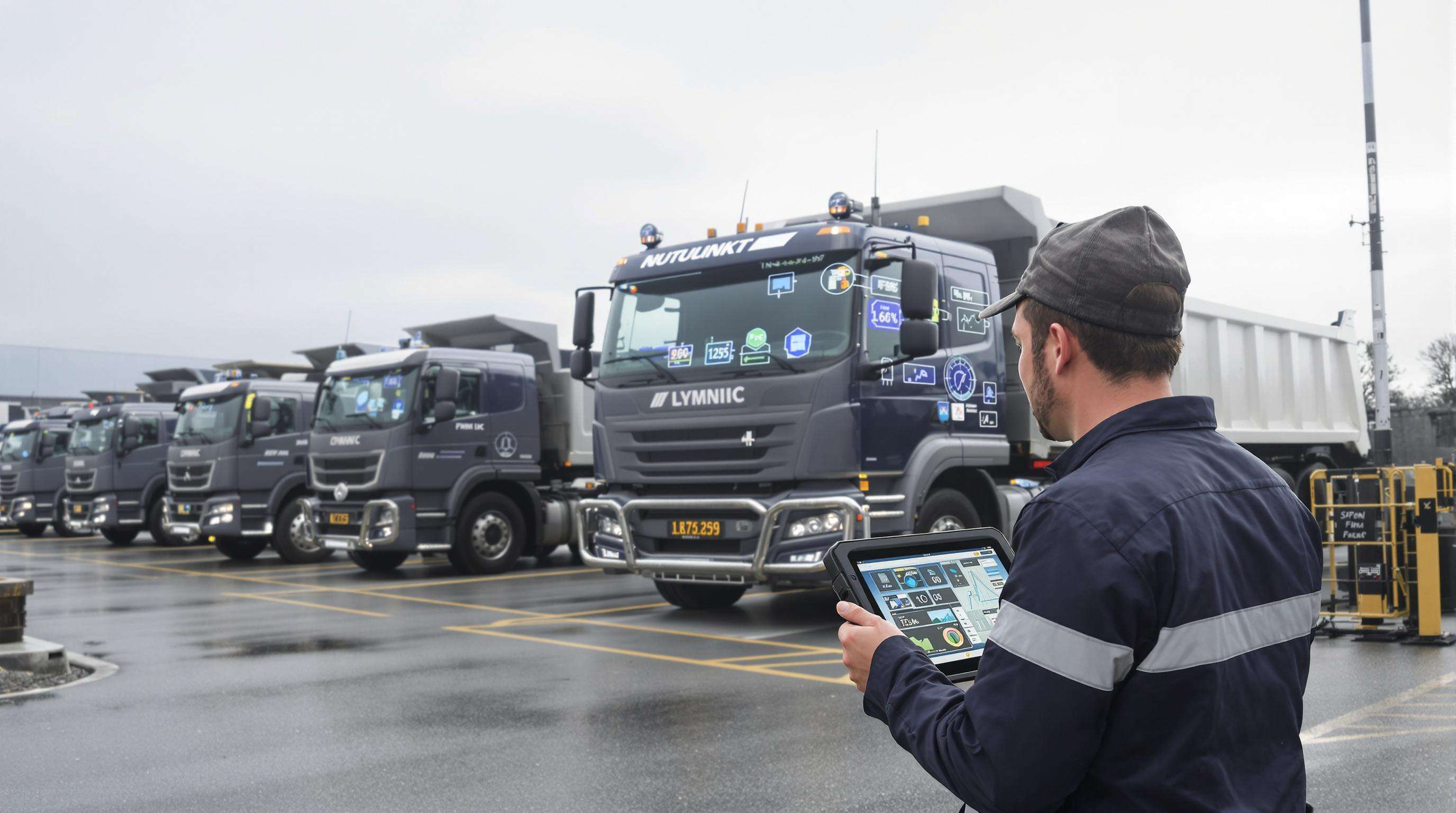 Mechanic using a tablet to check digital diagnostics on dump trucks equipped with sensors in a maintenance yard