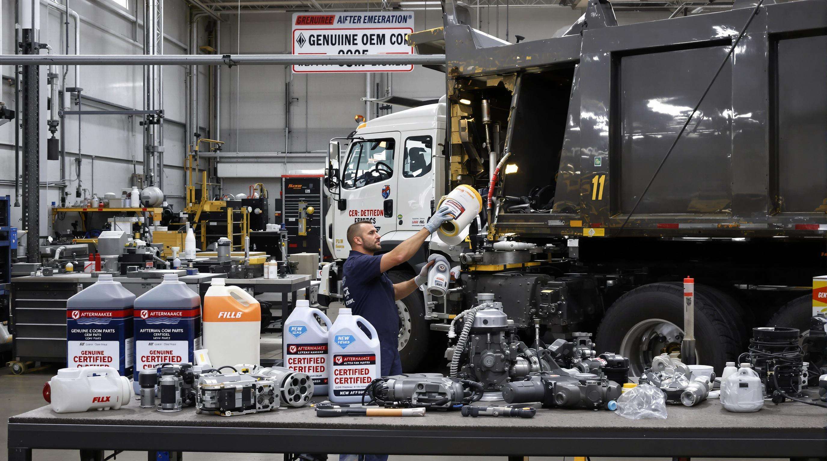 Mechanic installing genuine parts and fluids in a dump truck with OEM and aftermarket components displayed nearby