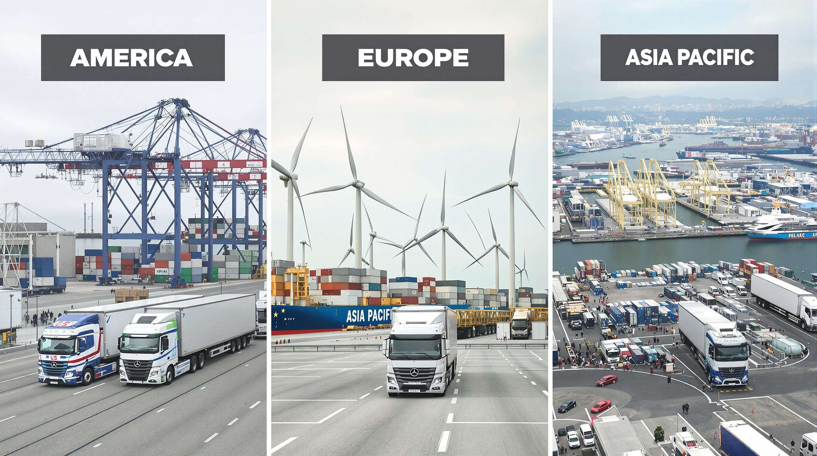 Three modern freight terminals side by side depicting differences between North America, Europe, and Asia-Pacific