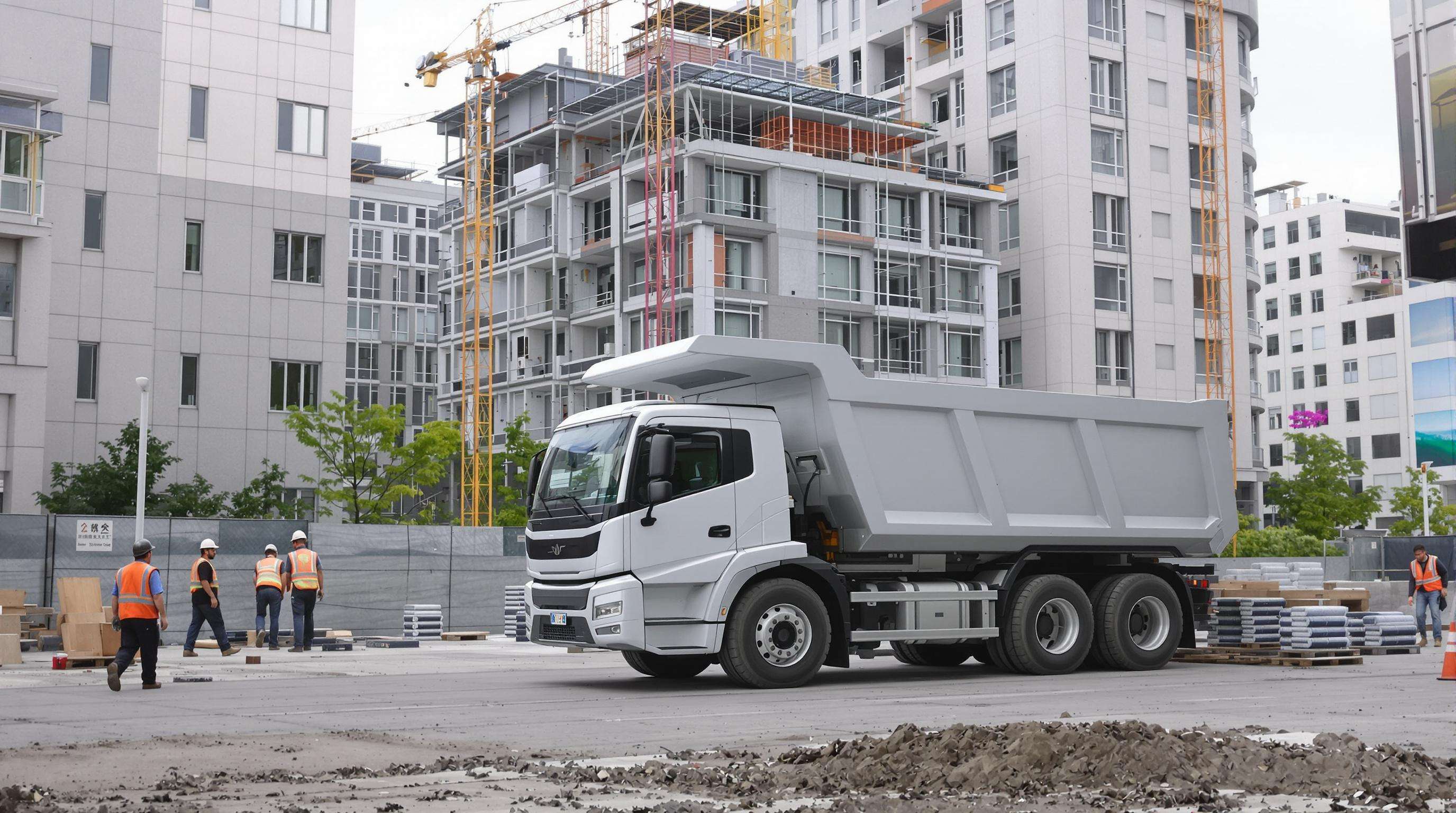 Modern dump truck with hydrogen engine and aluminum bed at sustainable urban construction site