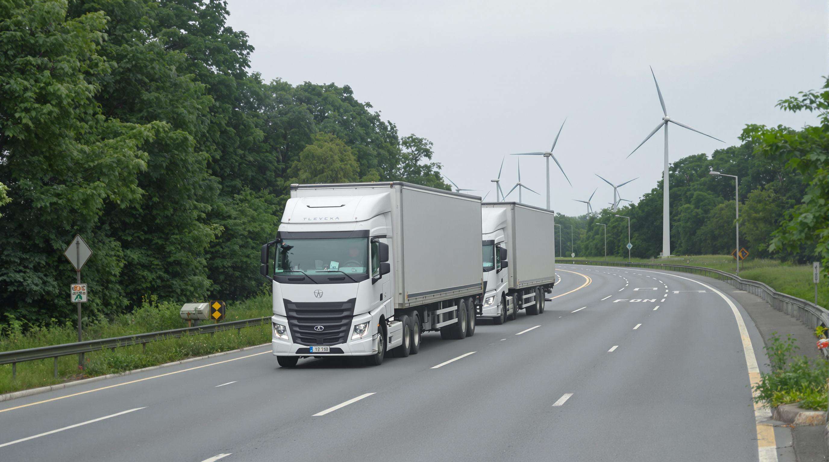 Electric and diesel trucks on a green city highway with wind turbines, highlighting environmental sustainability.