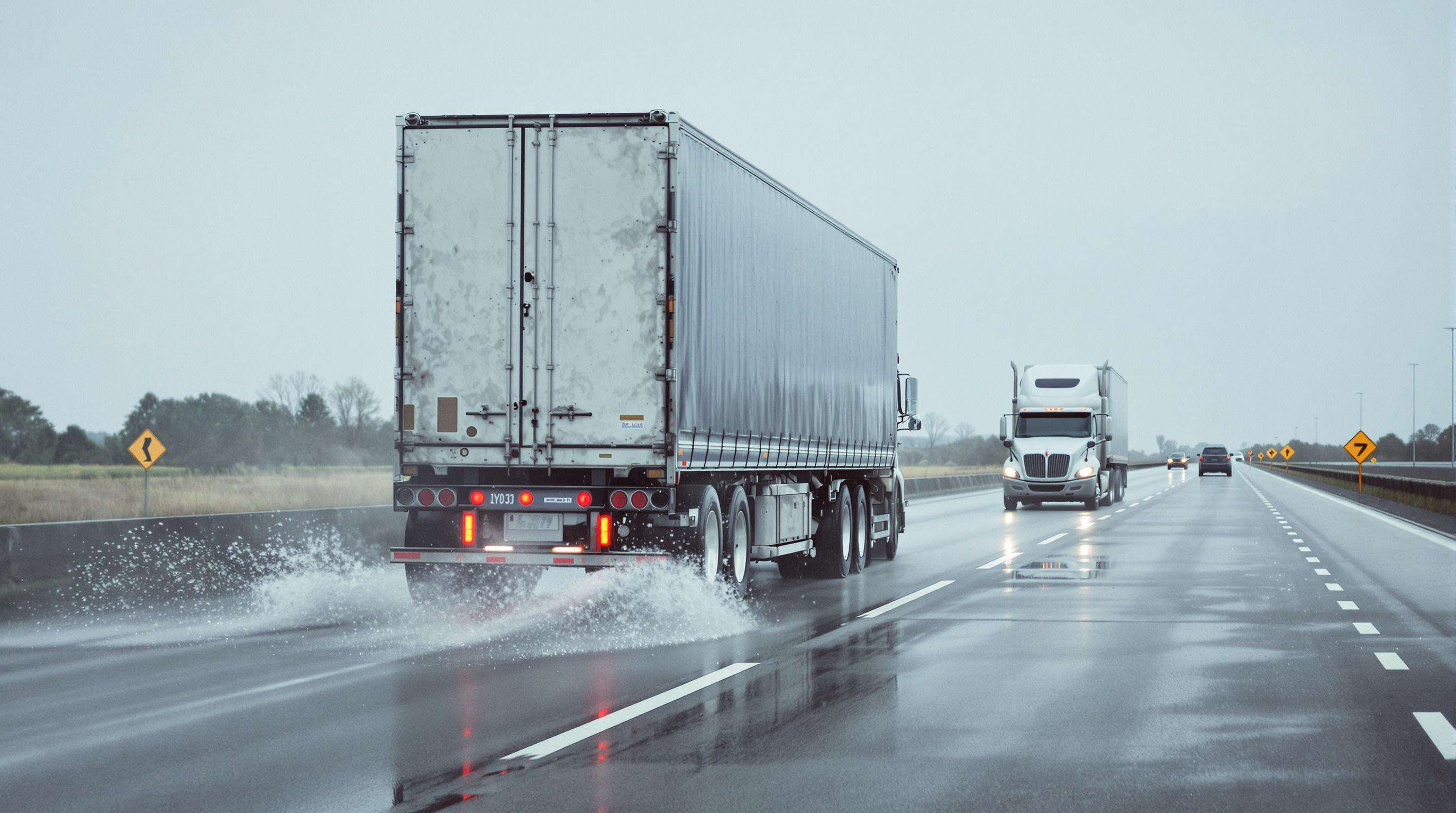 Cargo truck demonstrating long stopping distance on wet road under heavy load conditions