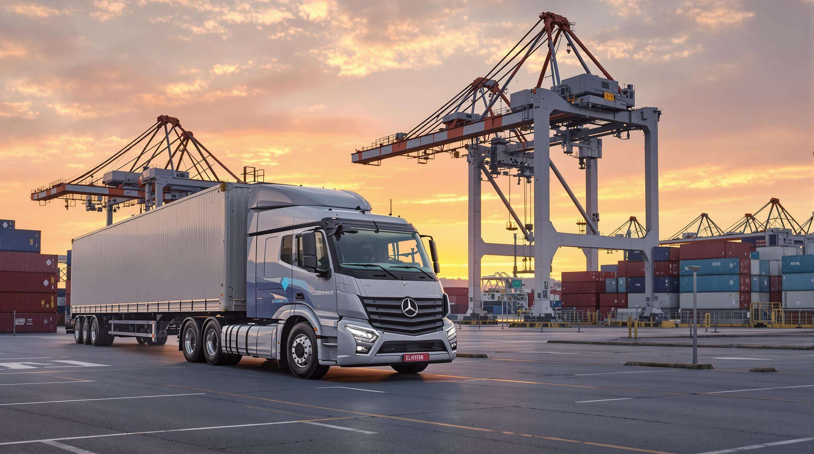 Electric terminal tractor charging at a modern port with automated cranes and container stacks at sunset