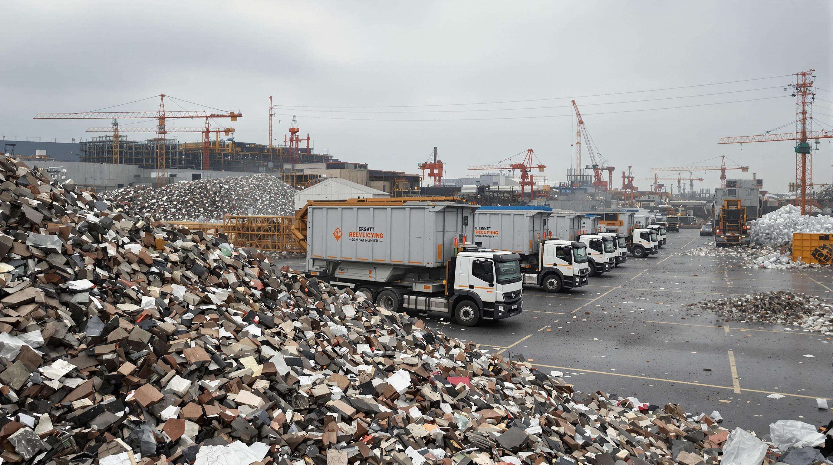 Smart dump trucks with sealed containers delivering construction waste to recycling facility