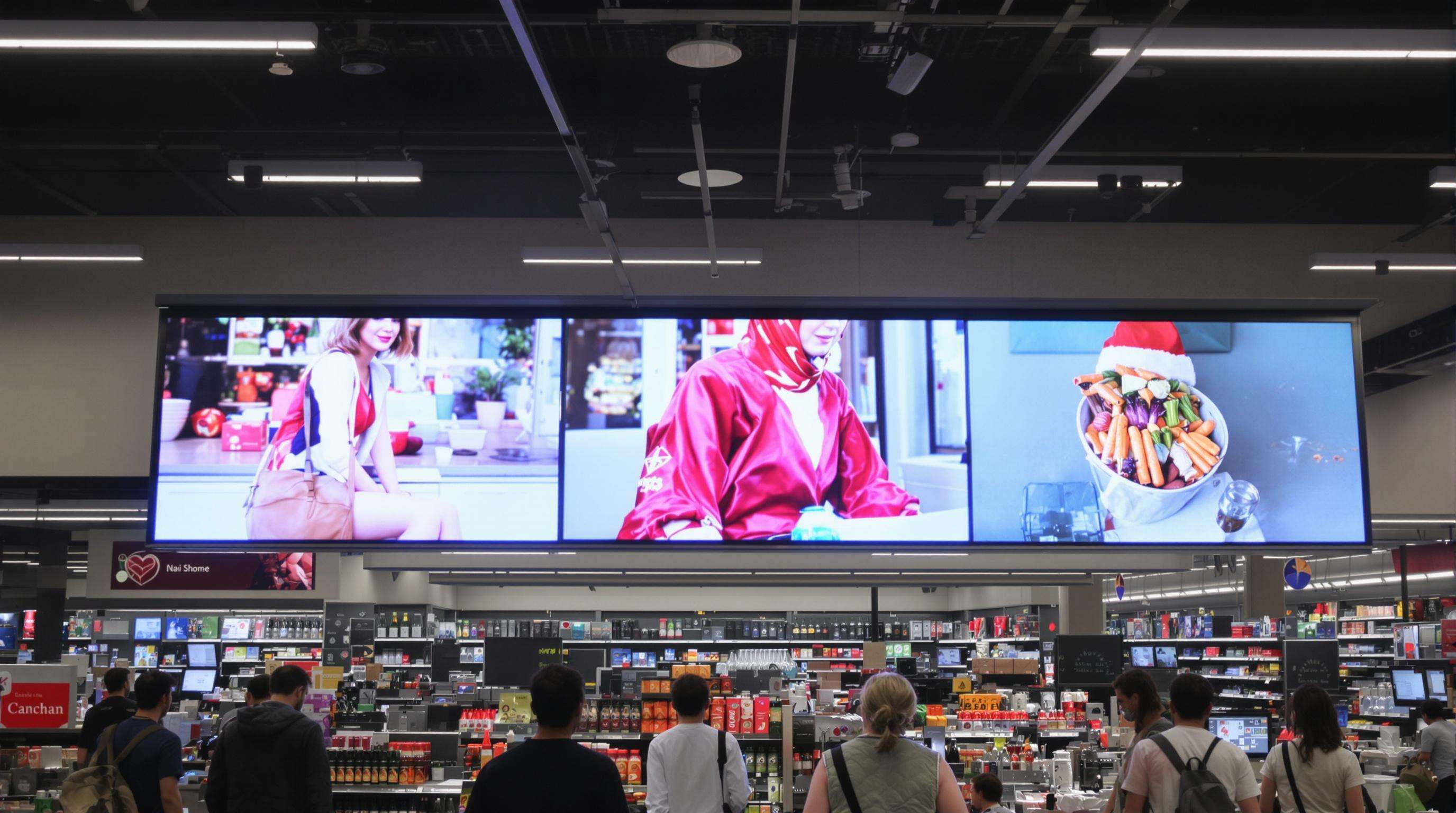 Supermarket scene with LED displays changing content for different shoppers, staff viewing analytics dashboard
