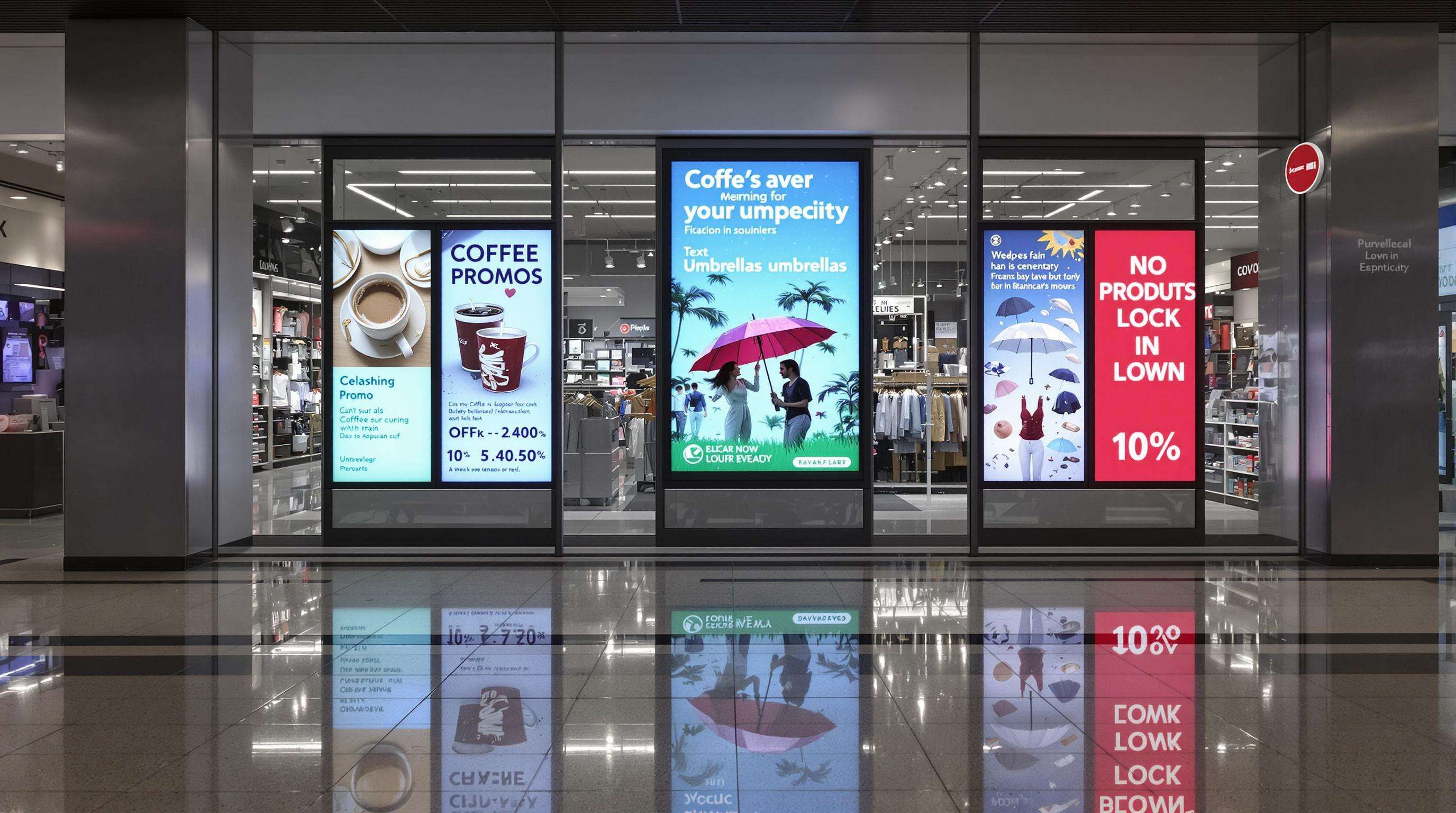 Retail store interior showing multiple LED screens dynamically updating for time, weather, and inventory