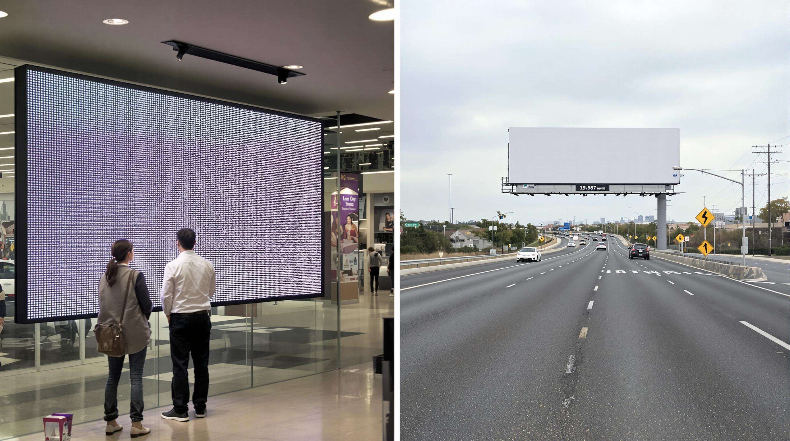 Person viewing a sharp indoor LED display up close and a large outdoor billboard viewed from a long distance