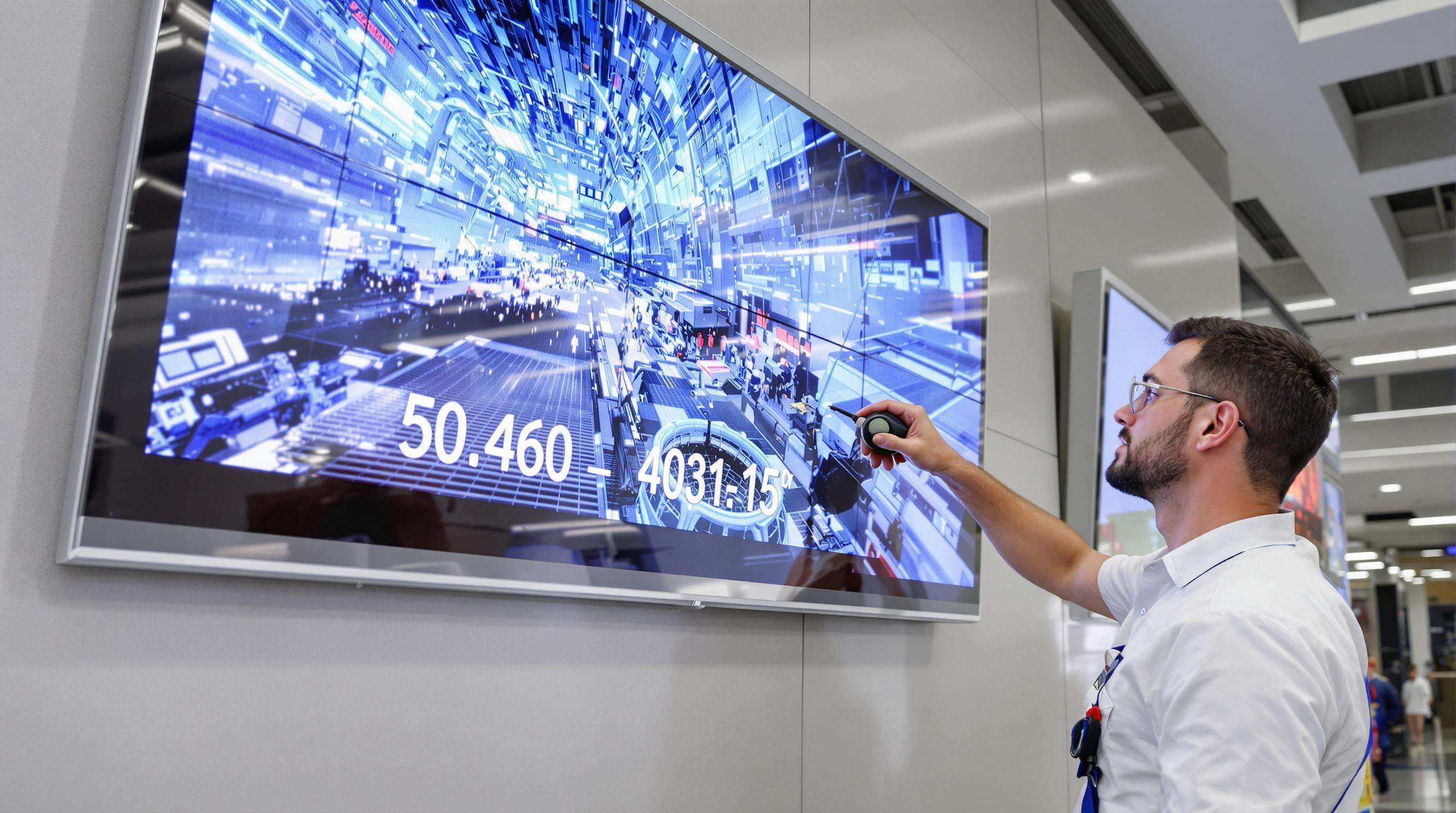 Technician servicing a wall-mounted LED screen from the front in a modern public space