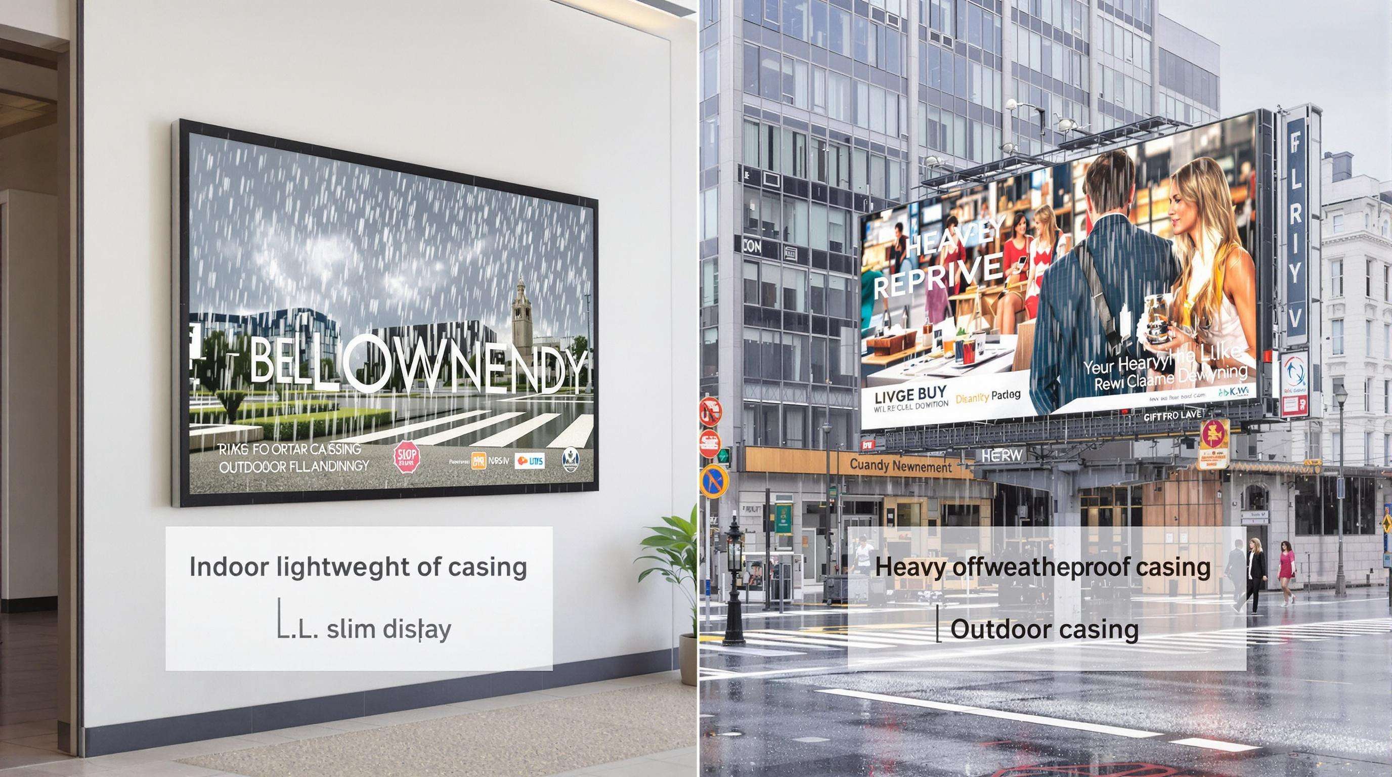 Indoor LED display inside an office next to a rugged outdoor LED display on a city street, highlighting design differences