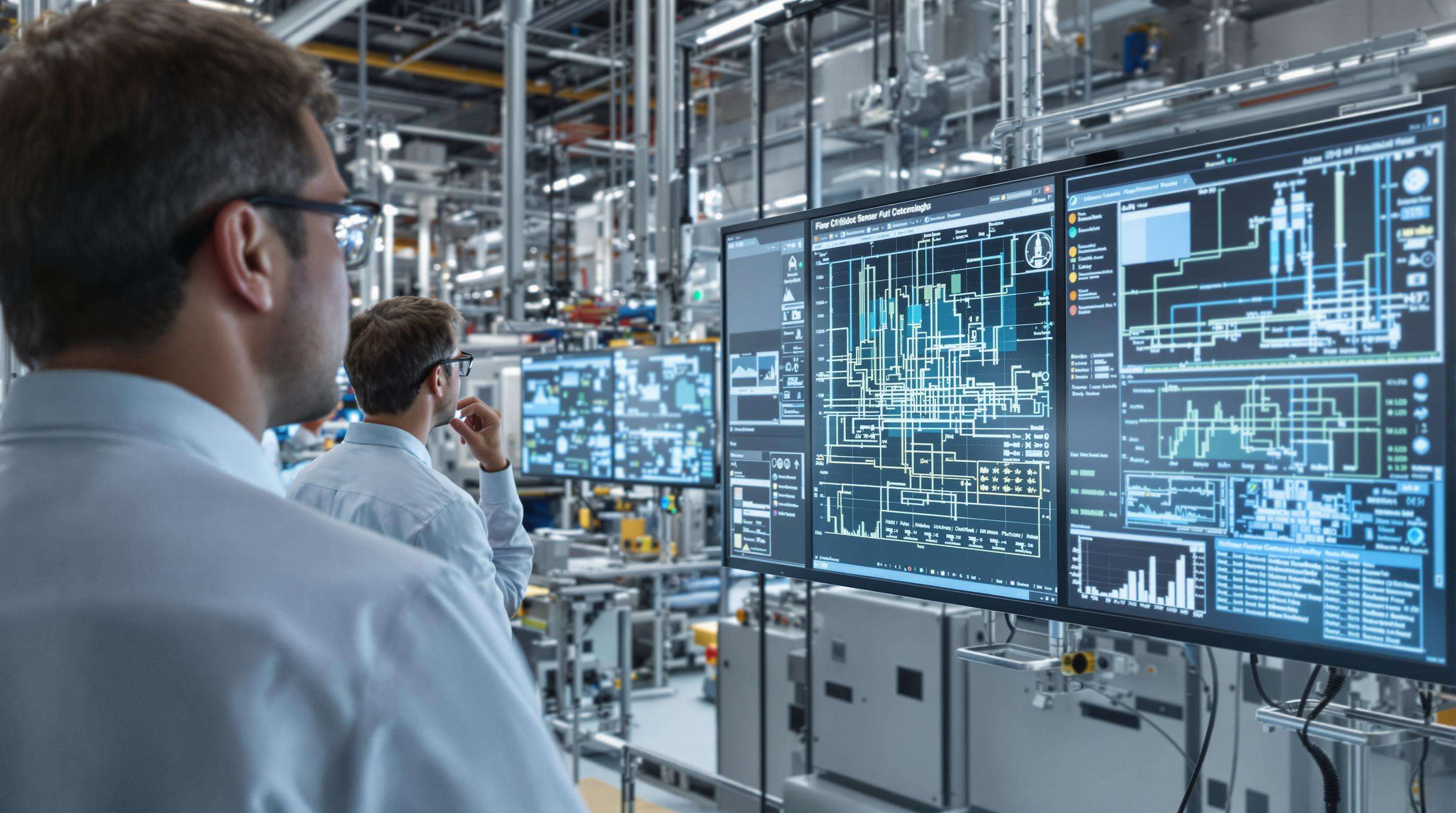 Engineers overseeing real-time fiber optic sensor data in an IIoT-enabled smart factory control room