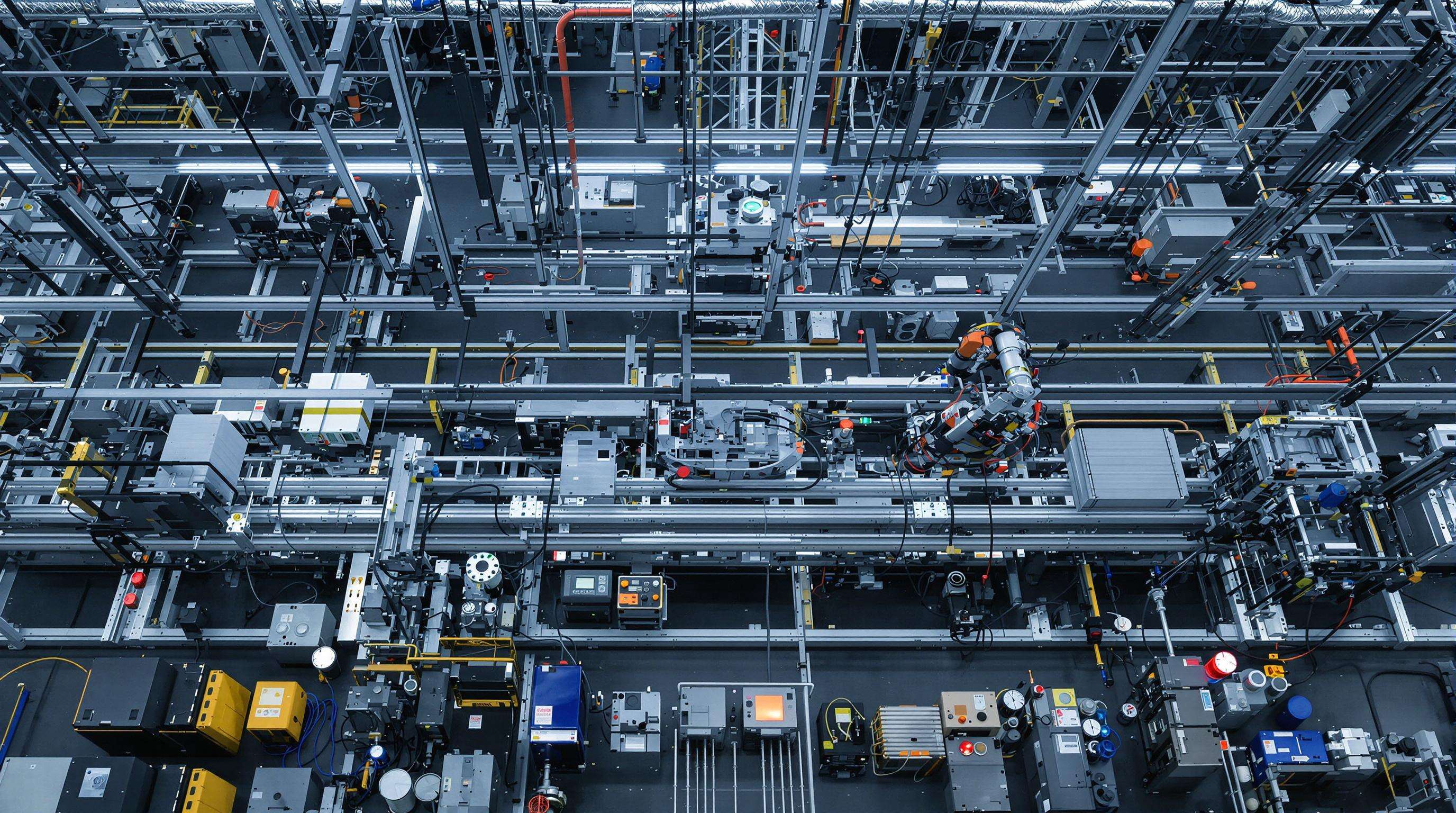 Automotive production line with fiber optic sensors monitoring robotic arms and energy-efficient machinery
