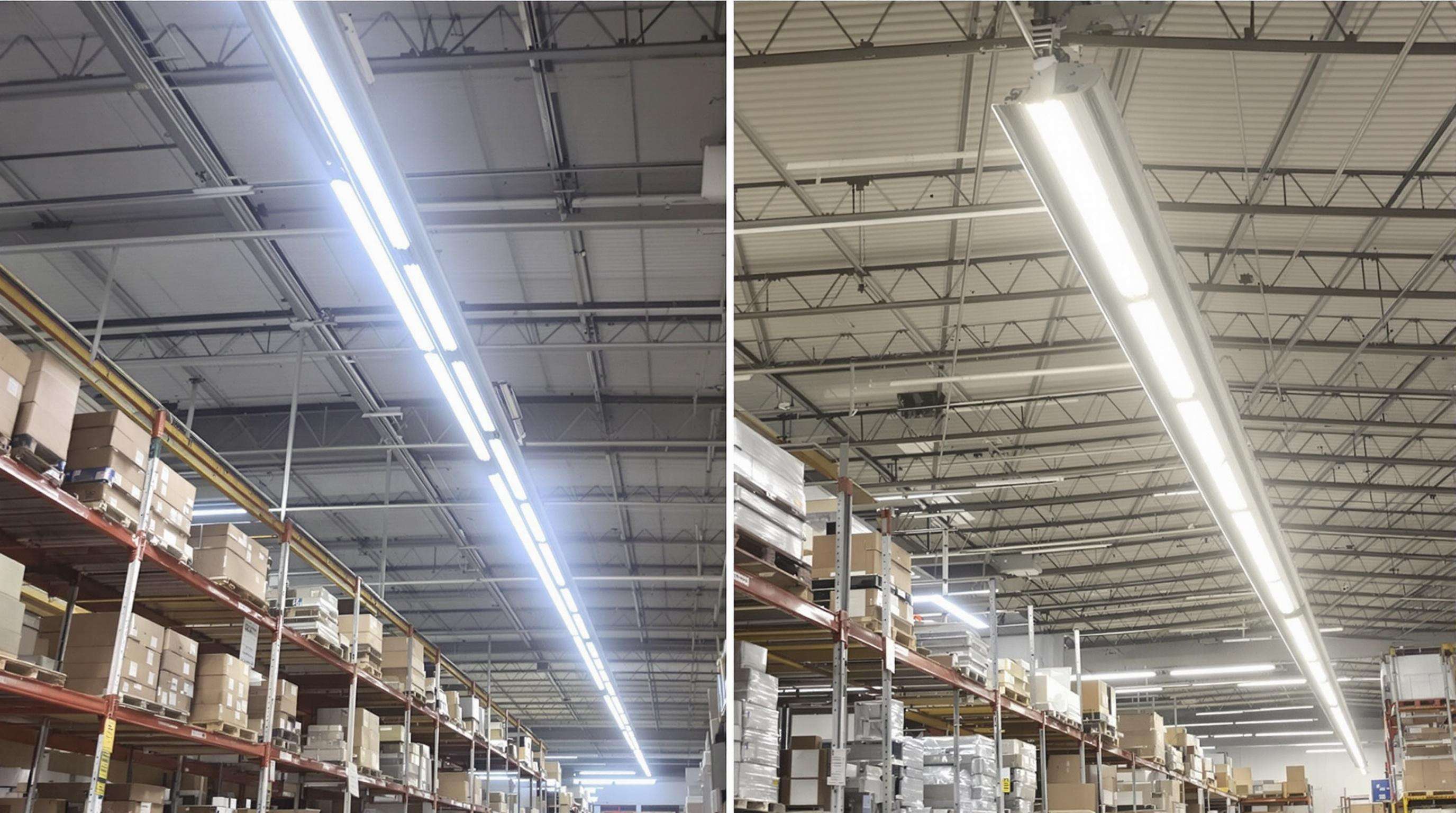 Side-by-side warehouse aisles illustrating energy-efficient LED linear lighting compared to older fluorescent fixtures