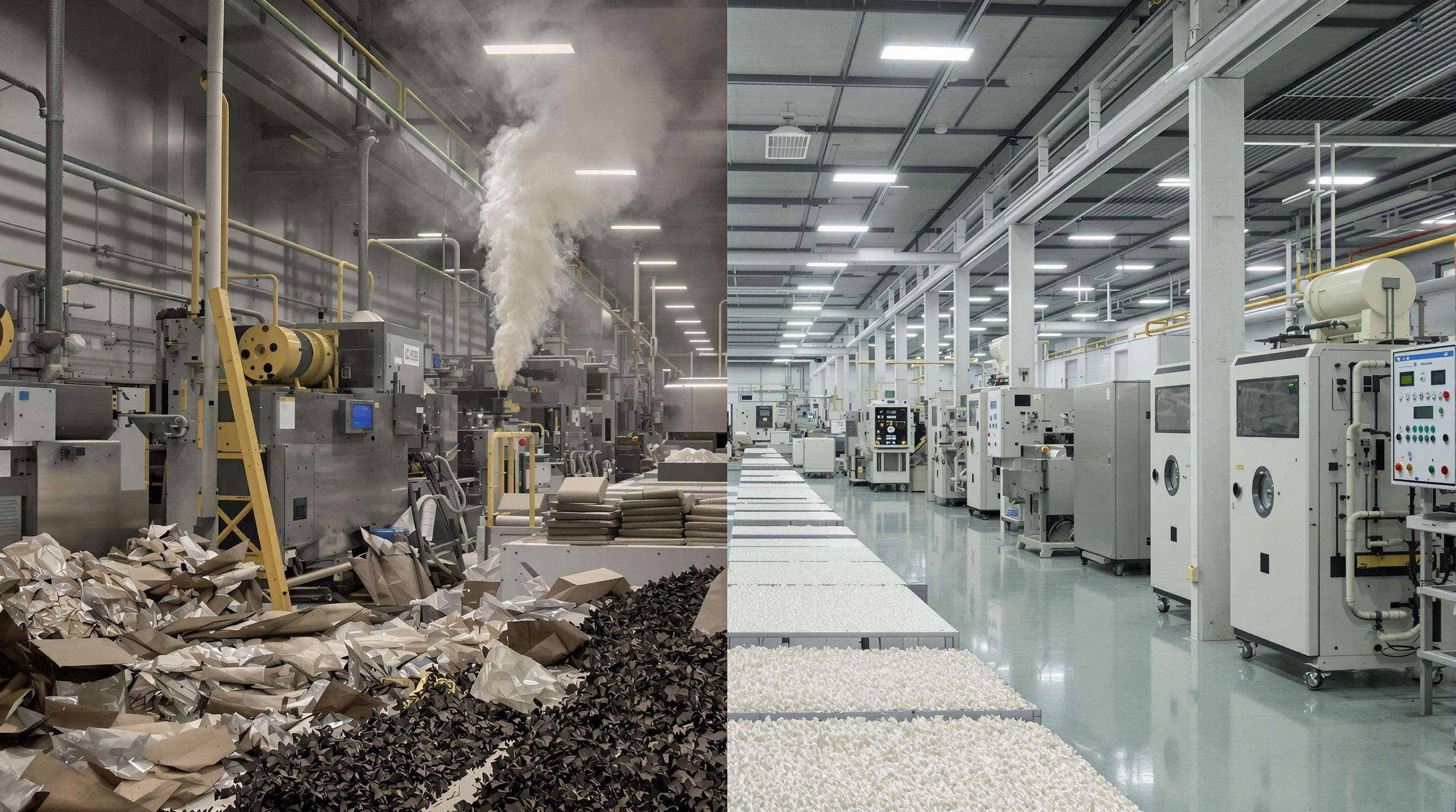 Comparison of traditional and low-VOC PU leather factory environments with visible contrast in air and equipment cleanliness