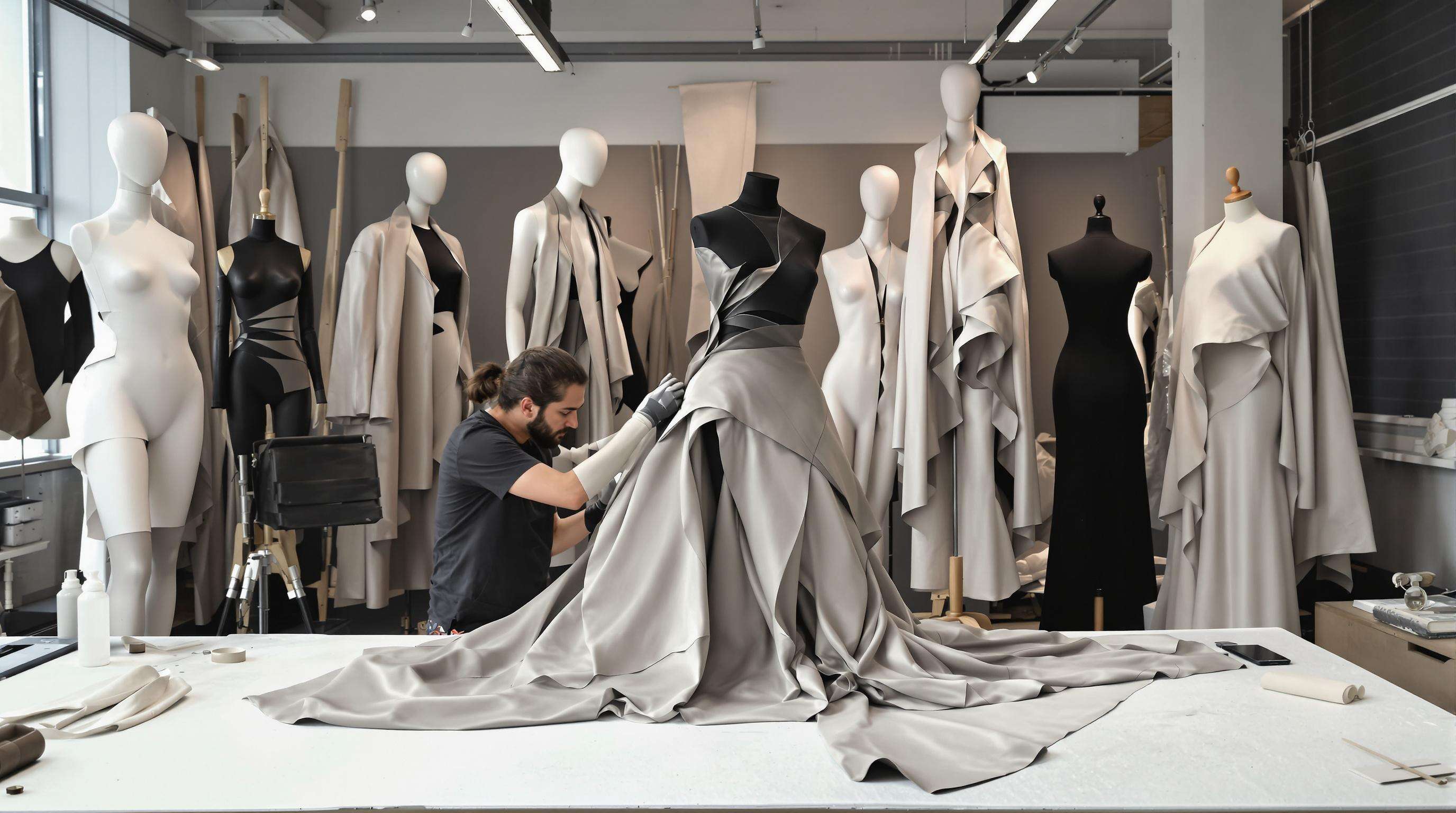 A designer shaping an architectural avant-garde dress from flexible artificial leather in a modern studio
