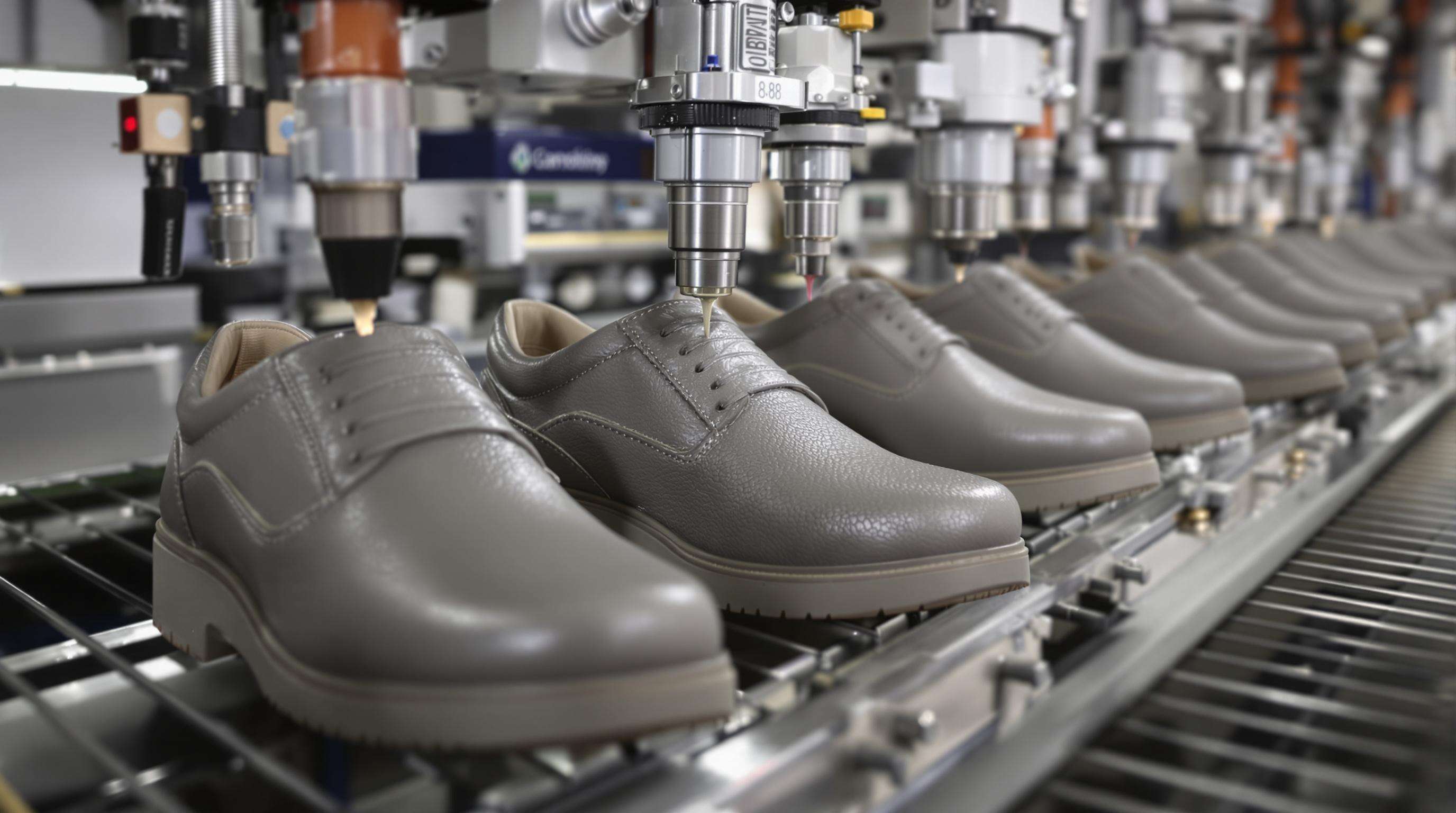 Modern synthetic leather shoes on a factory line with eco-friendly coatings being applied
