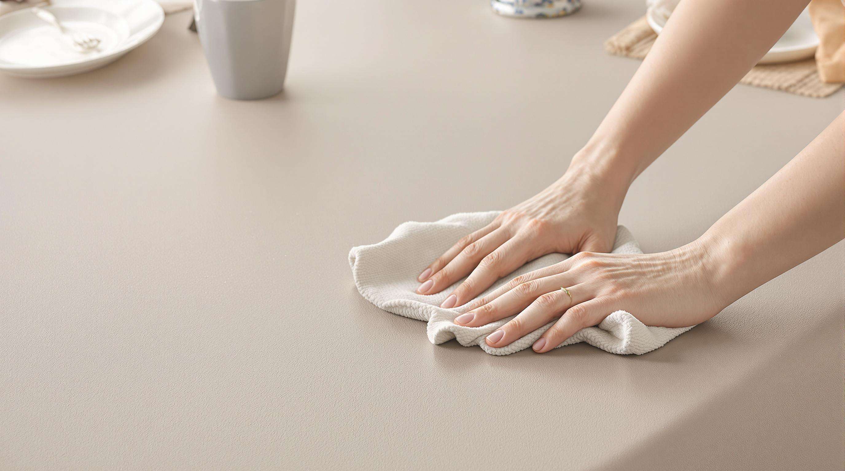 Hands wiping an artificial leather tablecloth to illustrate durability and easy maintenance