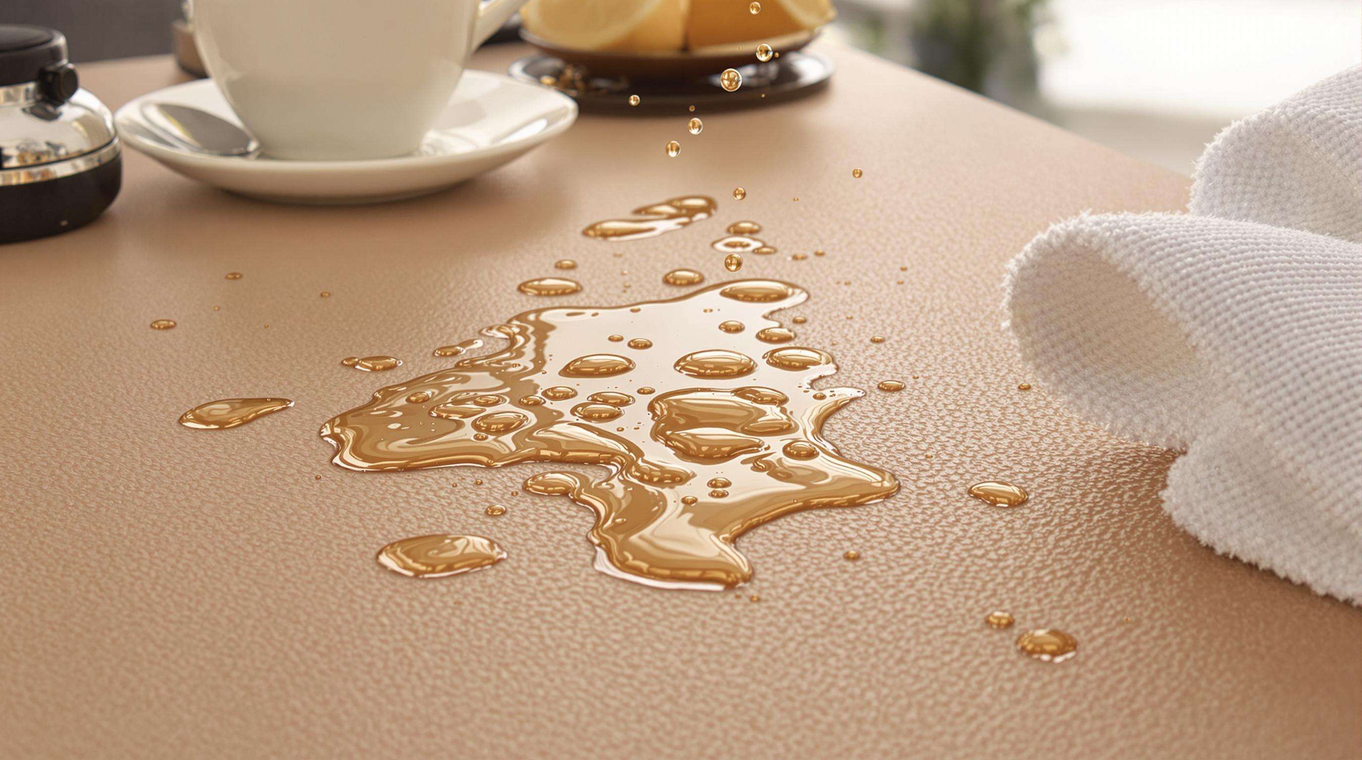 Close-up of artificial leather tablecloth repelling liquid spills, with droplets beading on the surface