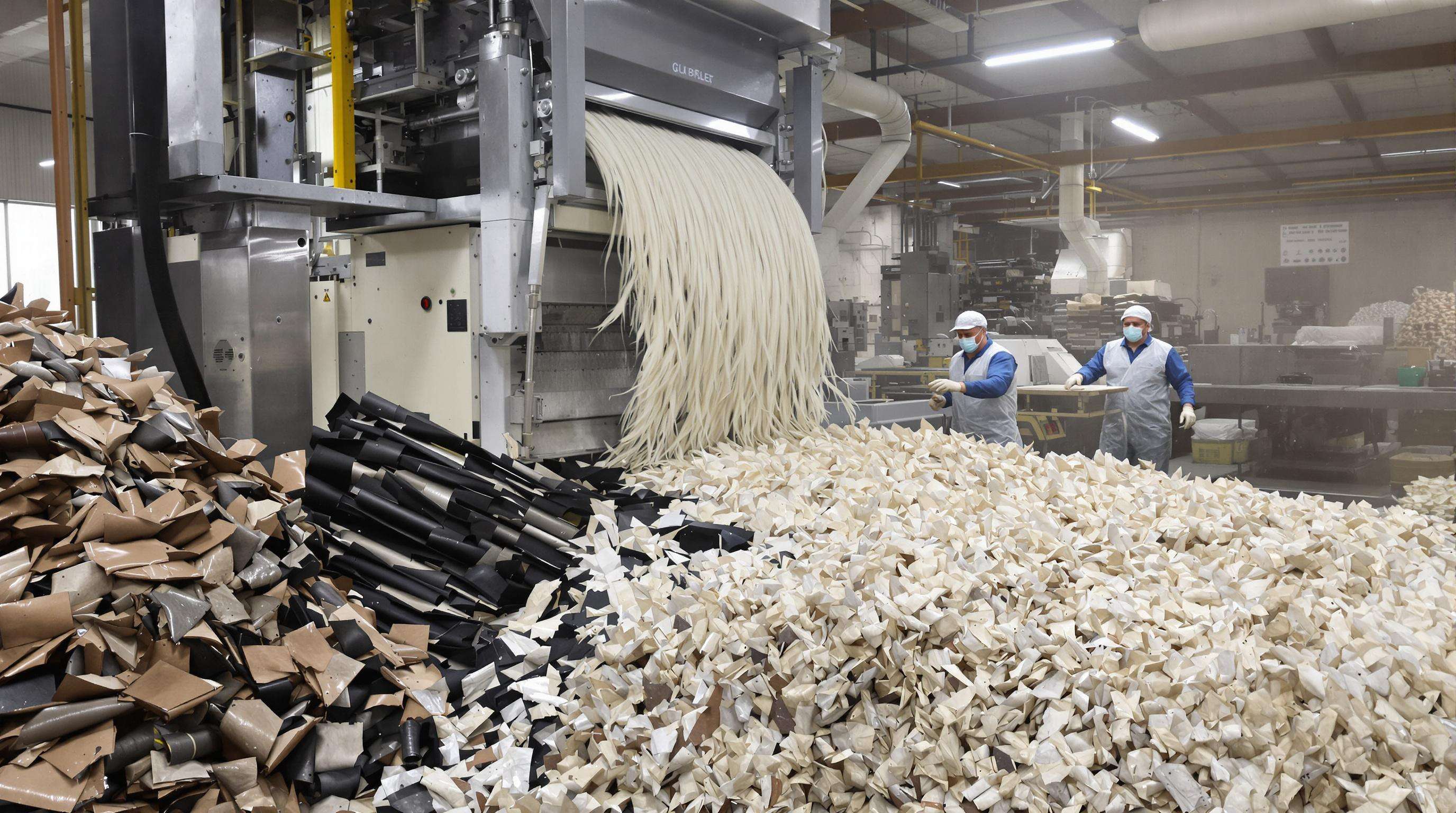 A realistic scene of an industrial recycling process, where artificial leather scraps are converted into fibers on a production line under soft lighting.