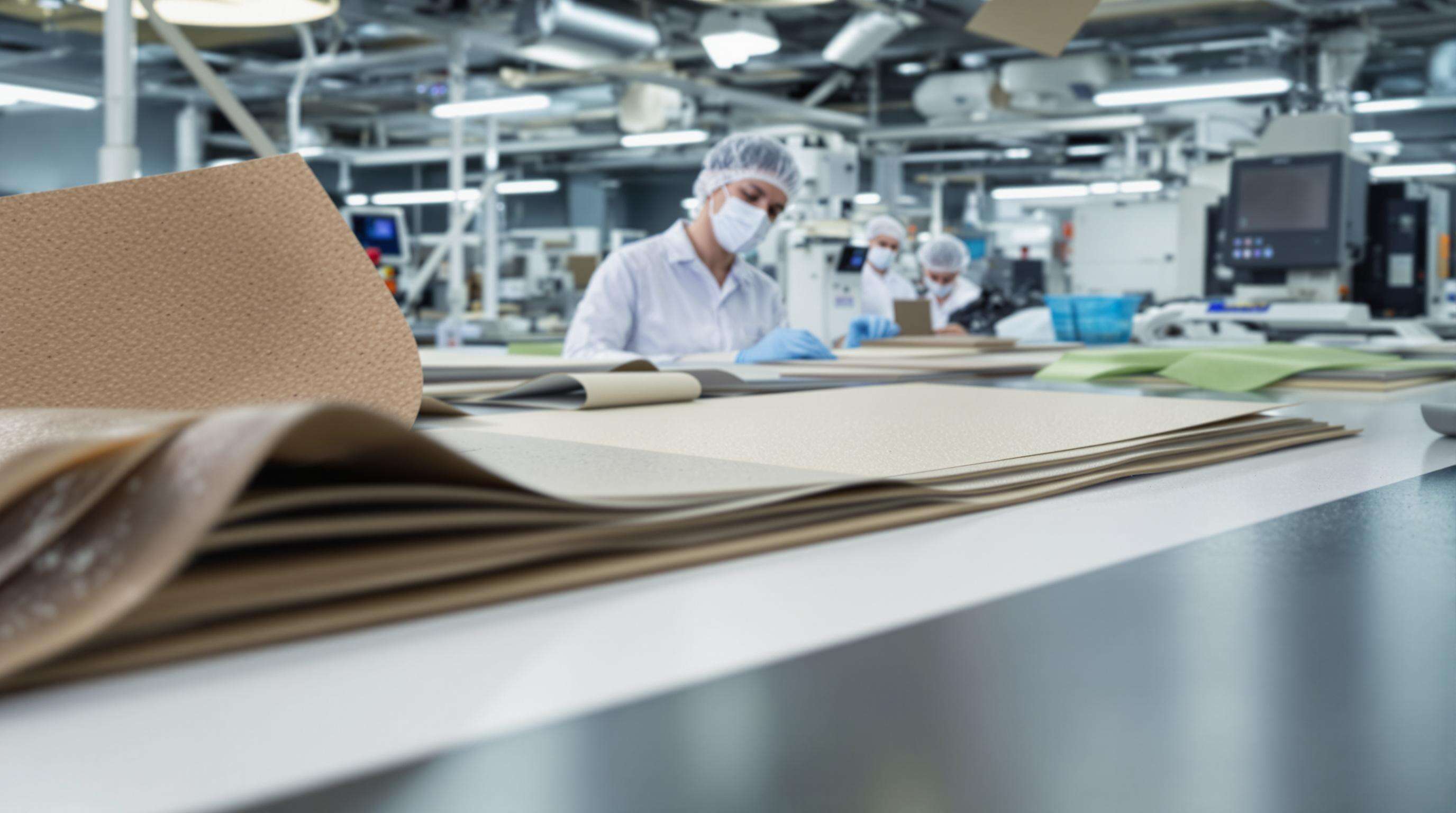 Technicians analyzing sustainable PU leather sheets in a modern lab setting