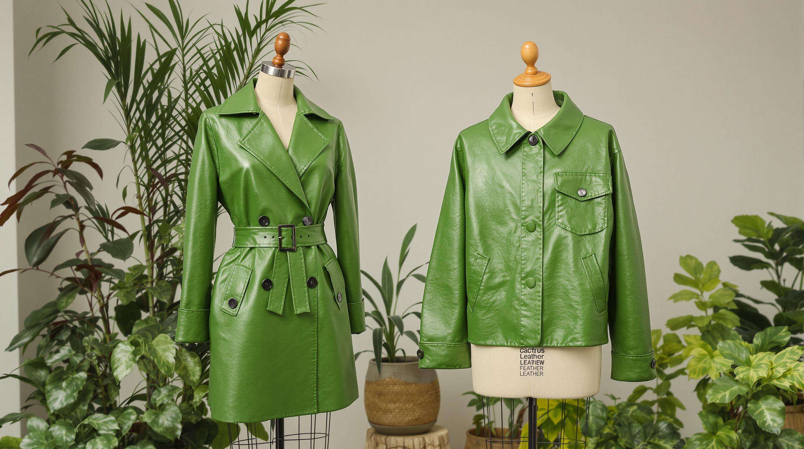Sustainable artificial leather coats displayed on mannequins in a minimalist studio with natural elements