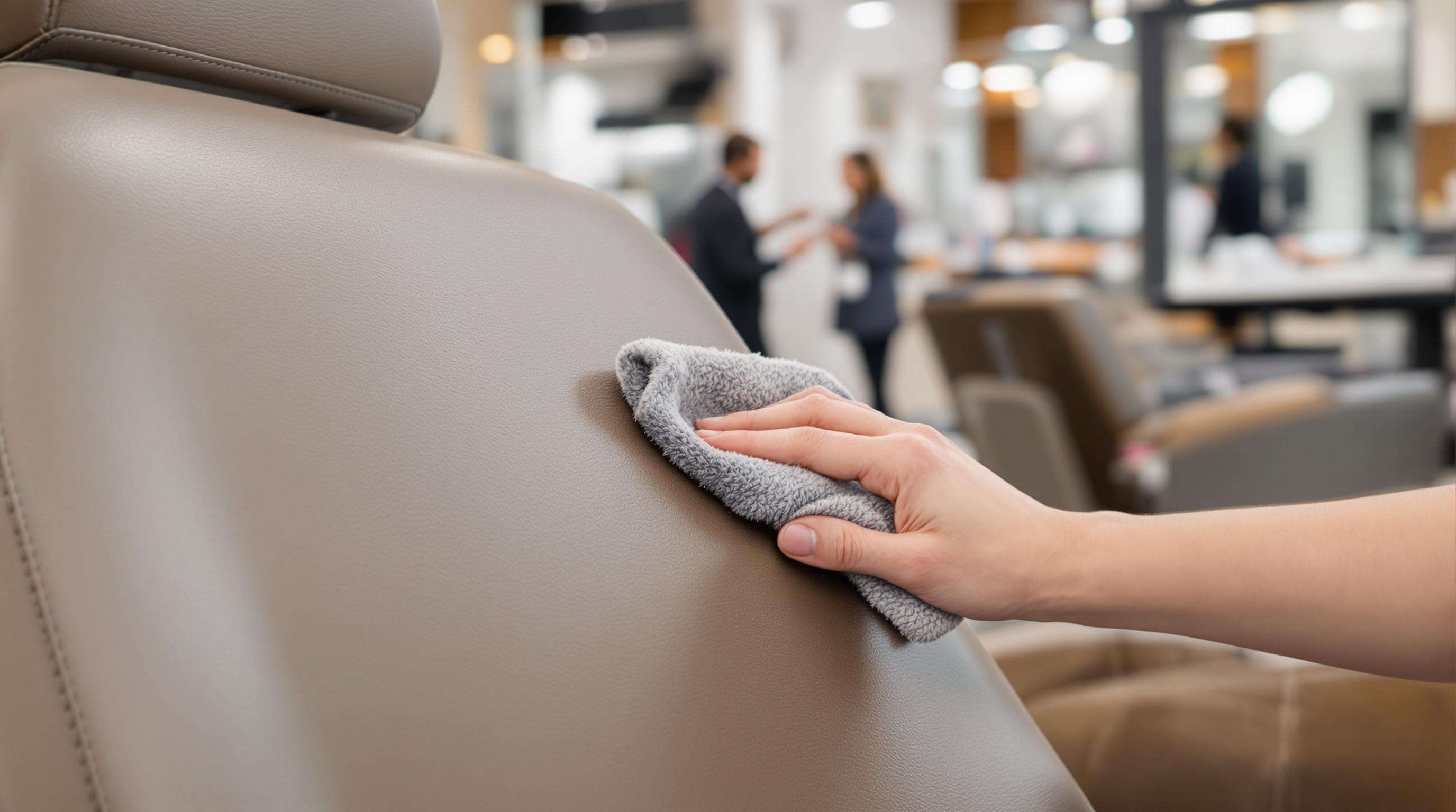A photorealistic scene of a stylist cleaning an artificial leather salon chair, emphasizing the material's durability and smooth texture.