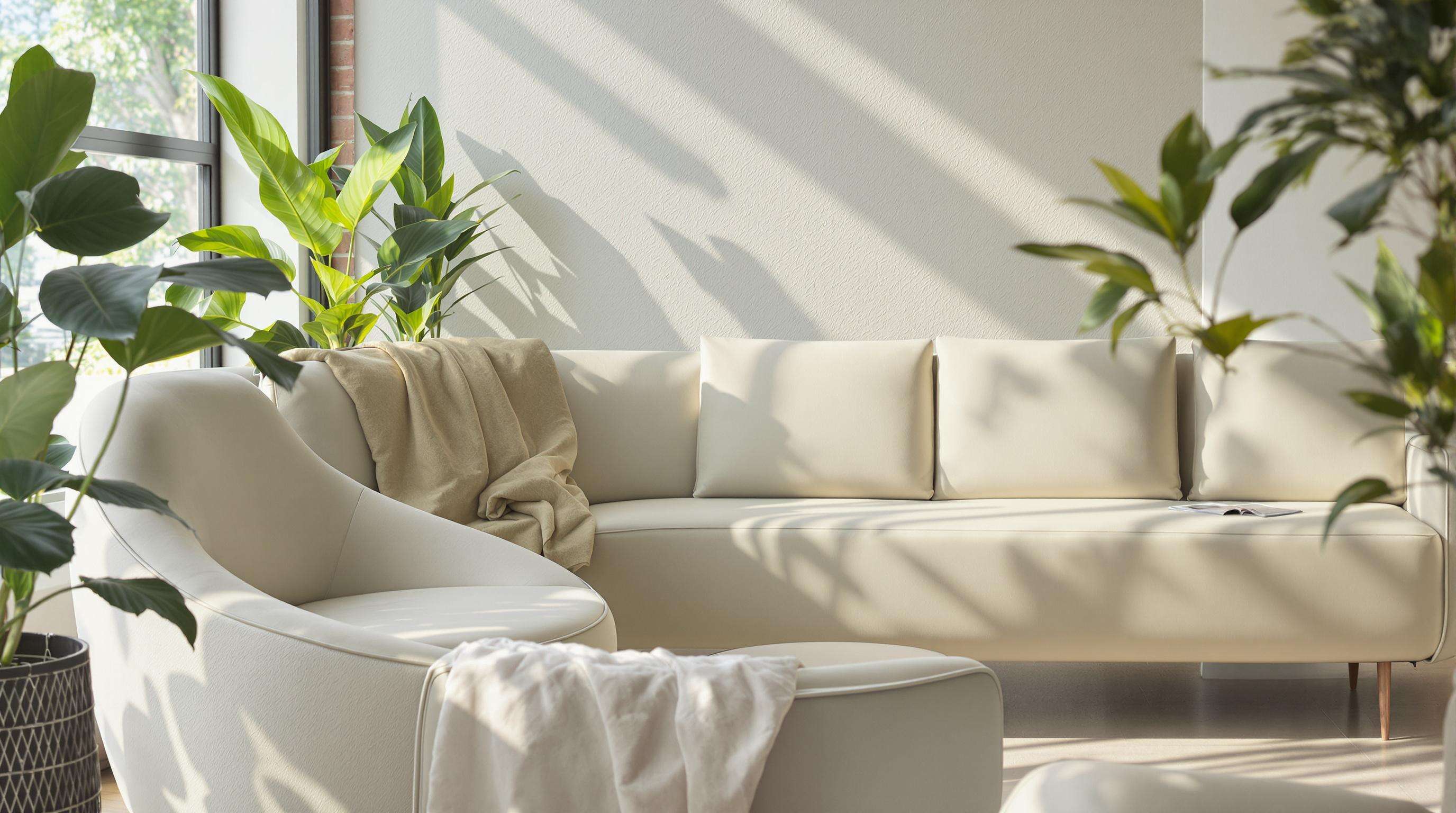 Eco-friendly salon seating made with sustainable artificial leather materials, surrounded by natural light and greenery.
