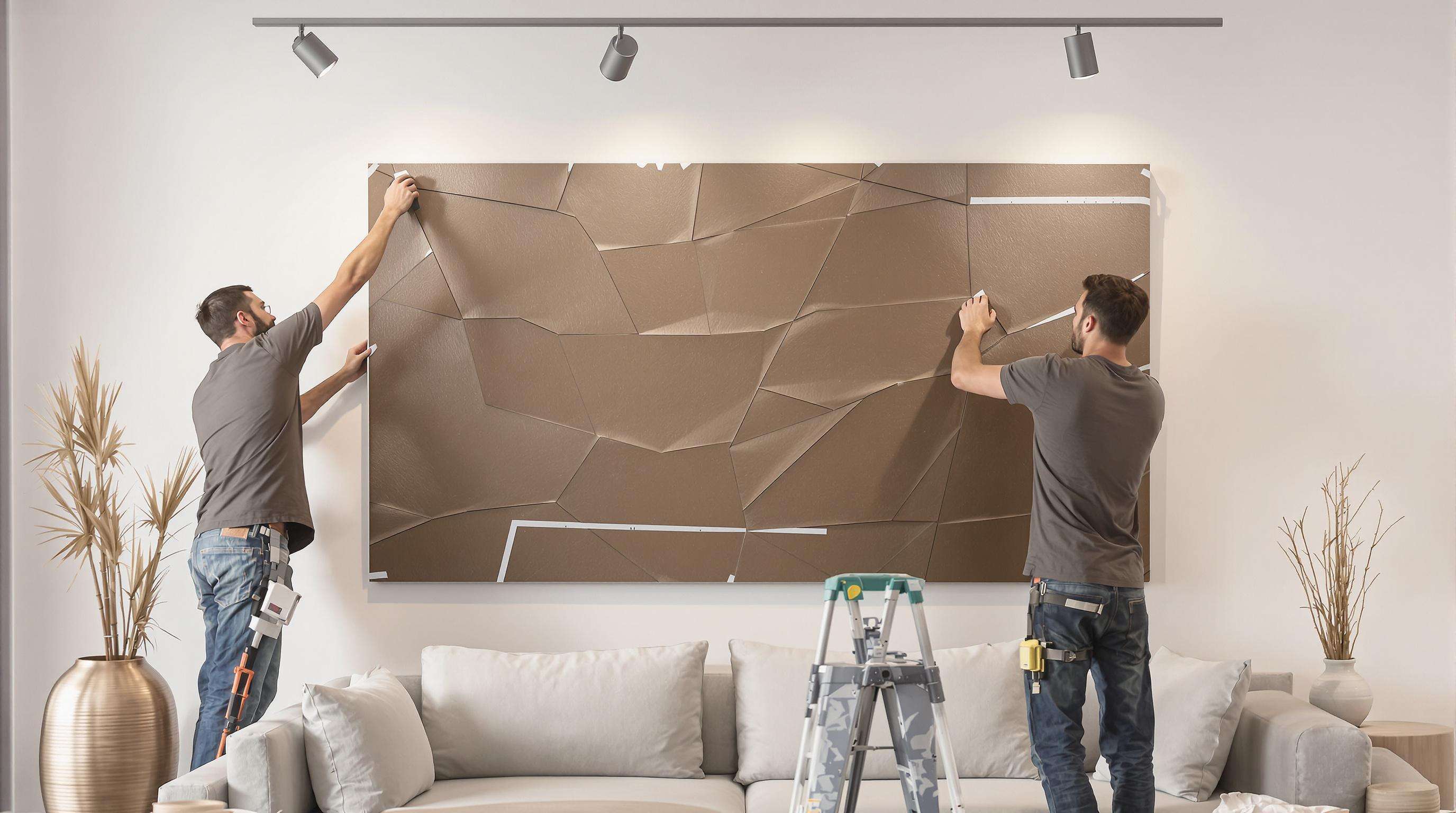 Modern living room with two people installing a large artificial leather wall art panel under track lighting with minimalist decor.