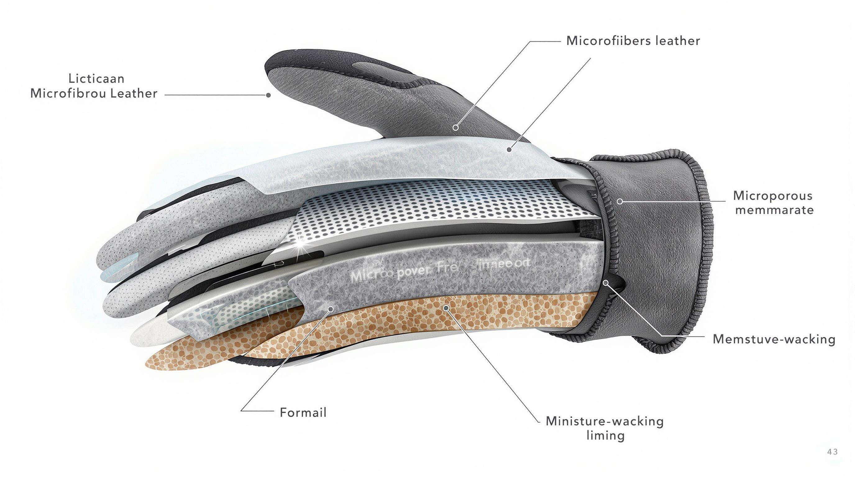 Cross-sectional view of a microfiber leather glove displaying its advanced multilayer waterproof construction
