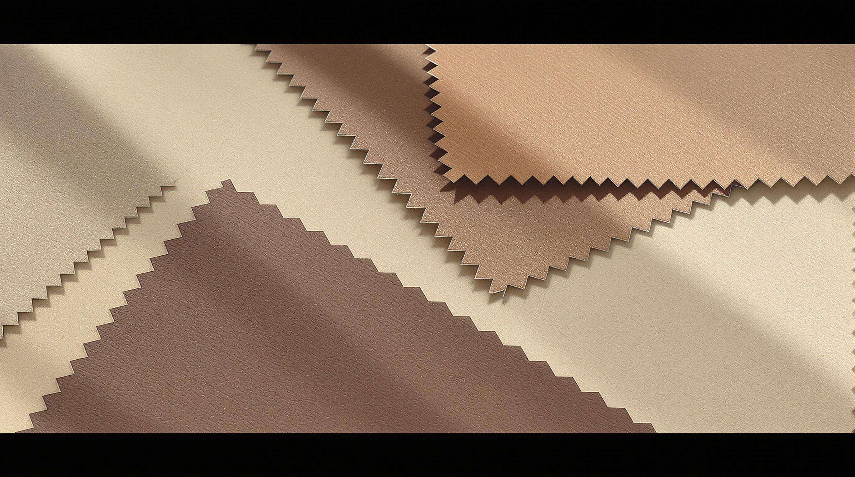 A realistic close-up of various innovative artificial leather samples, showing TPU, plant-based, and silk-reinforced materials on a neutral table in soft daylight.