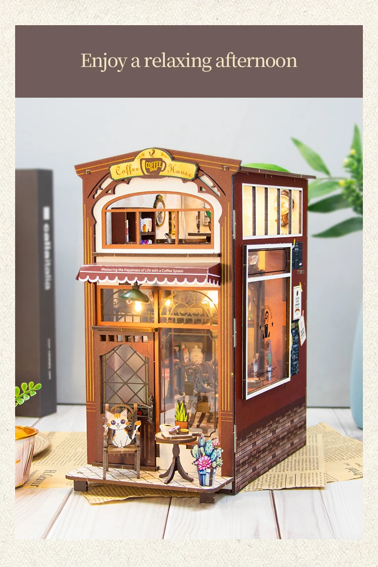 product new custom 3d diy booknook coffee house miniature wooden book nook kit bookshelf nook book 3d wooden puzzle dollhouse m2411-62