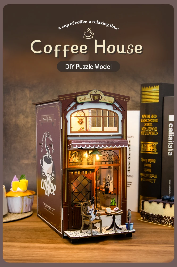 product new custom 3d diy booknook coffee house miniature wooden book nook kit bookshelf nook book 3d wooden puzzle dollhouse m2411-55