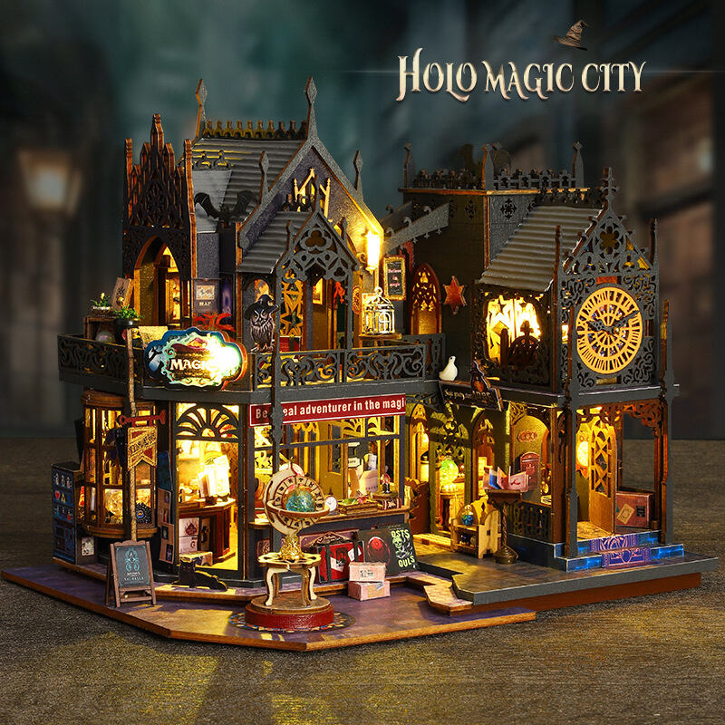 product 3d wooden diy miniature doll house furniture holo magic city micro landscape scene castle kit-55