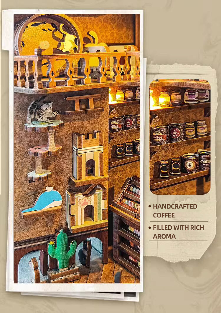 product cayi caramel dream book nook miniature house with led light diy bookends dollhouse 3d wooden puzzle doll house puzzles for kids-63