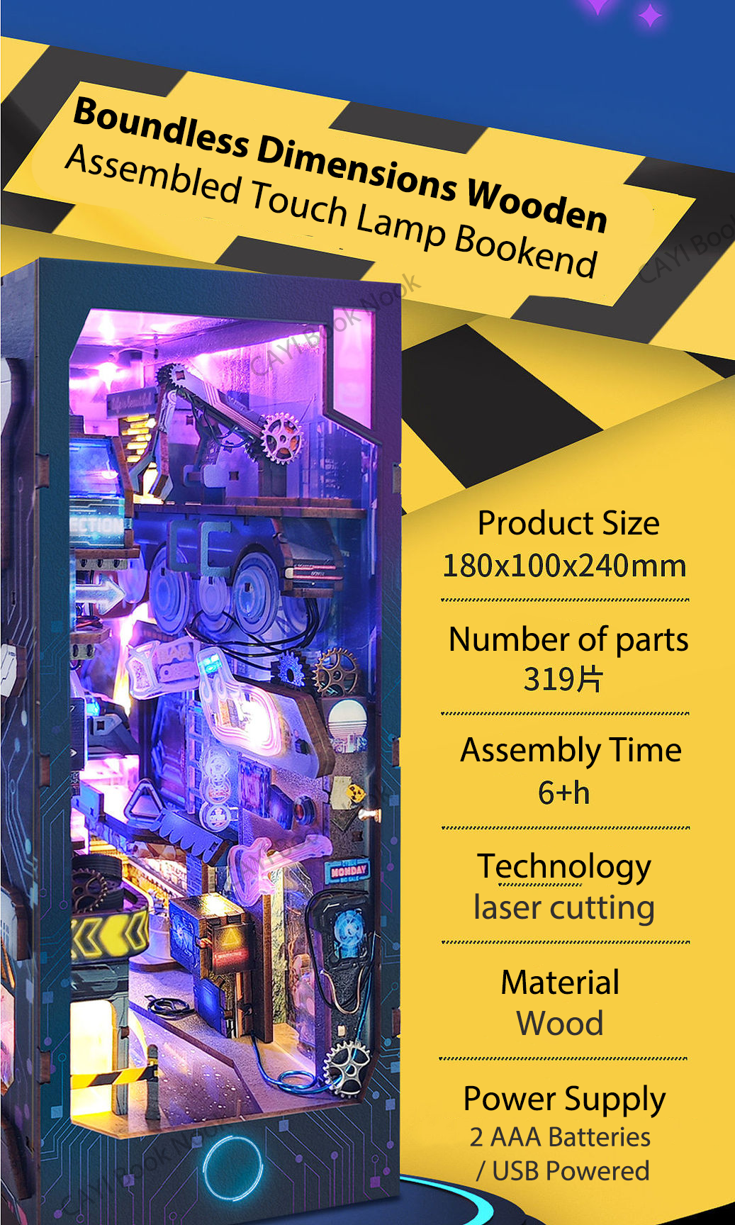 product cayi cyberpunk book nook kit 2077 style assembly creative bookends 3d wooden puzzle diy led light miniature building block set-66