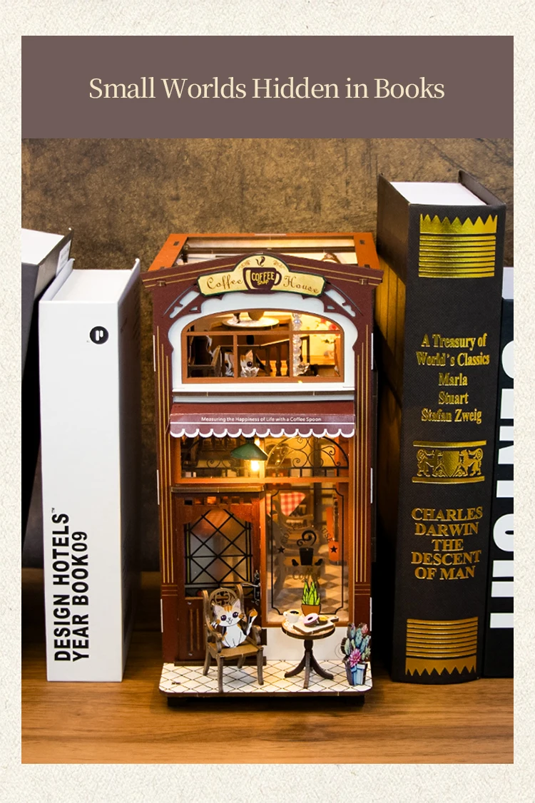 product new custom 3d diy booknook coffee house miniature wooden book nook kit bookshelf nook book 3d wooden puzzle dollhouse m2411-60