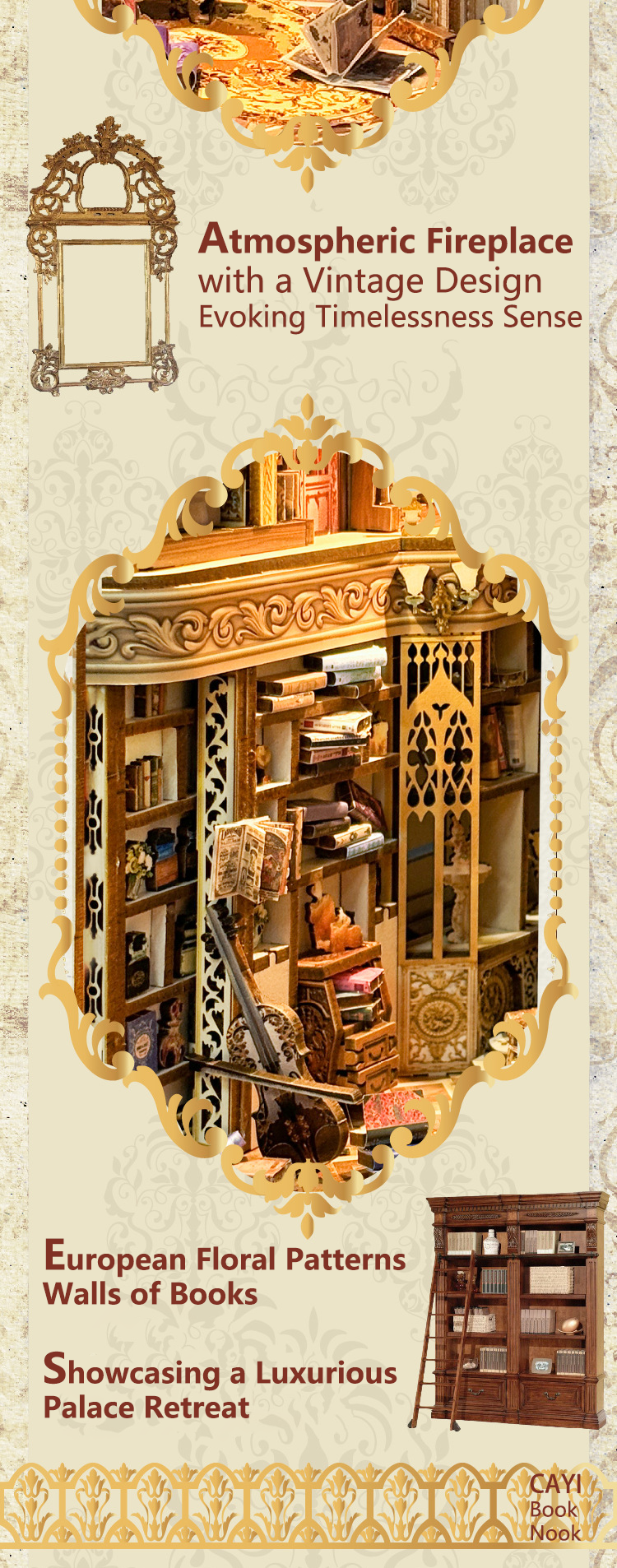 product cayi royal court book nook miniature house with led light diy bookends 3d wooden puzzle dollhouse bookshelf insert decor craft-65