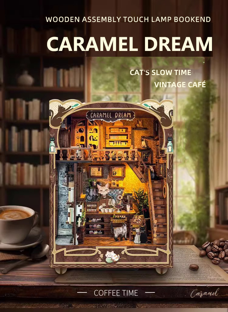 product cayi caramel dream book nook miniature house with led light diy bookends dollhouse 3d wooden puzzle doll house puzzles for kids-55