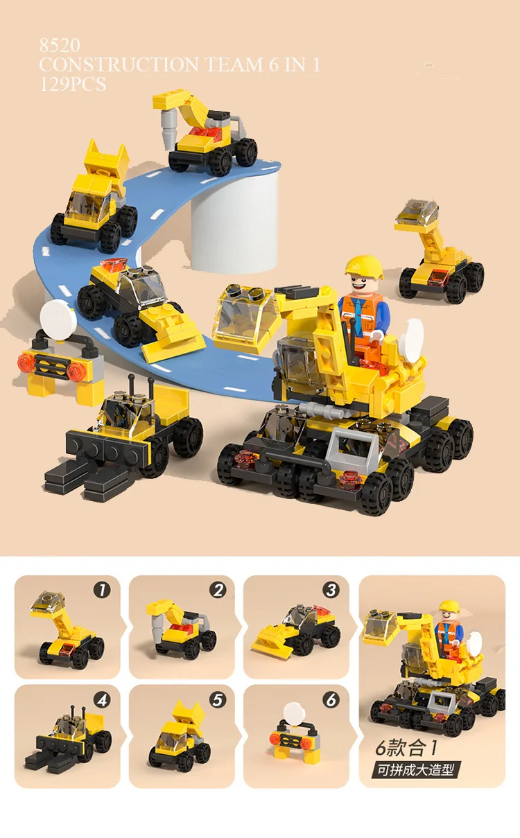 product new 6 in 1 mini engineering construction truck team city building block set engine vehicle educational diy toys for children-59