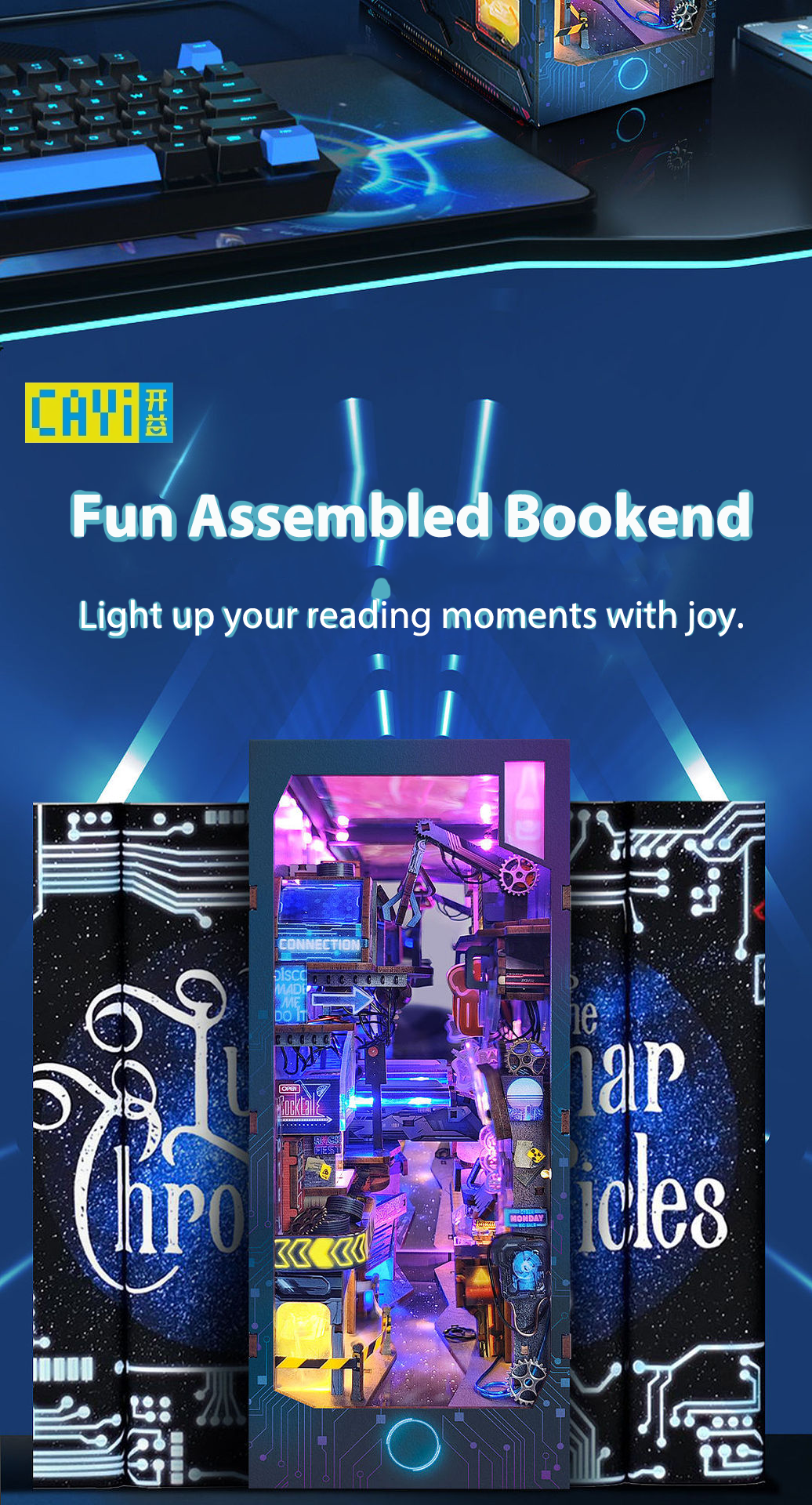 product cayi cyberpunk book nook kit 2077 style assembly creative bookends 3d wooden puzzle diy led light miniature building block set-60