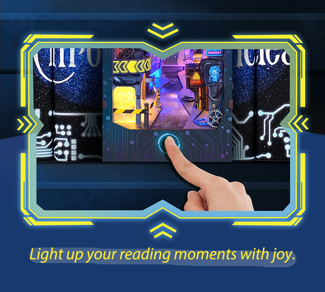 product cayi cyberpunk book nook kit 2077 style assembly creative bookends 3d wooden puzzle diy led light miniature building block set-61