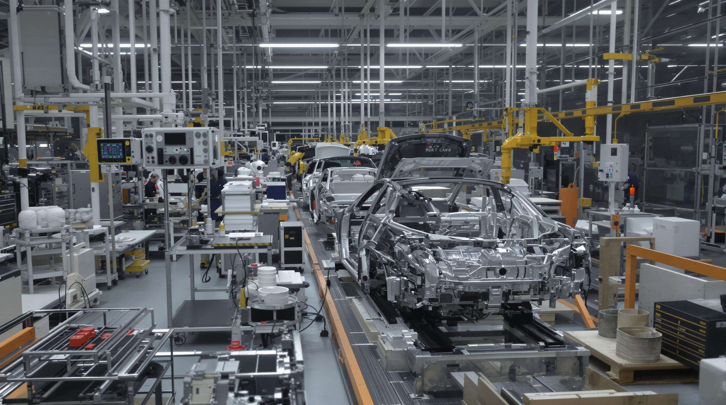 Luxury car factory with modular assembly, blockchain equipment, and nearshoring workspace